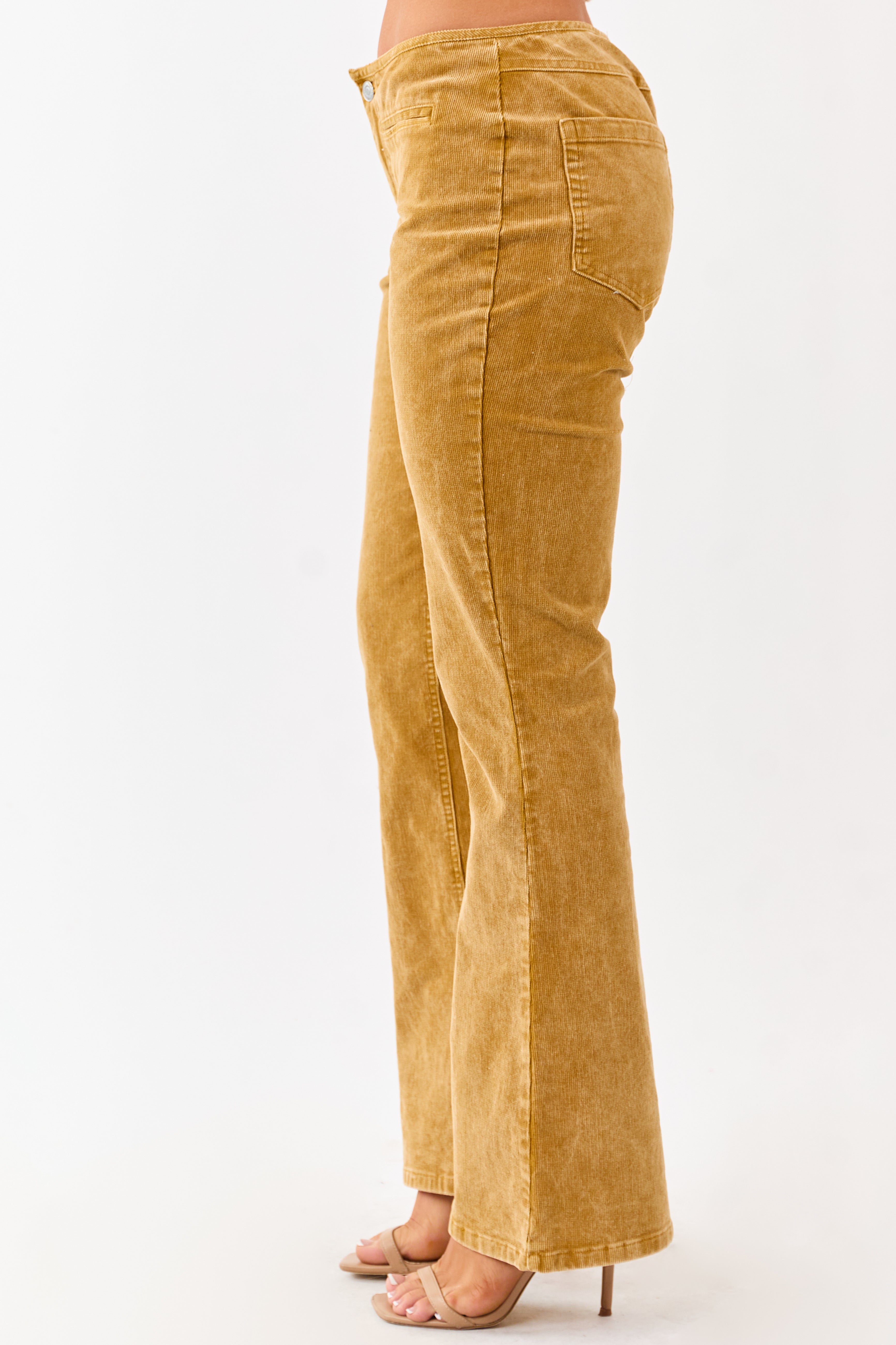 Mustard Washed Corduroy Mid Rise Flare Pants