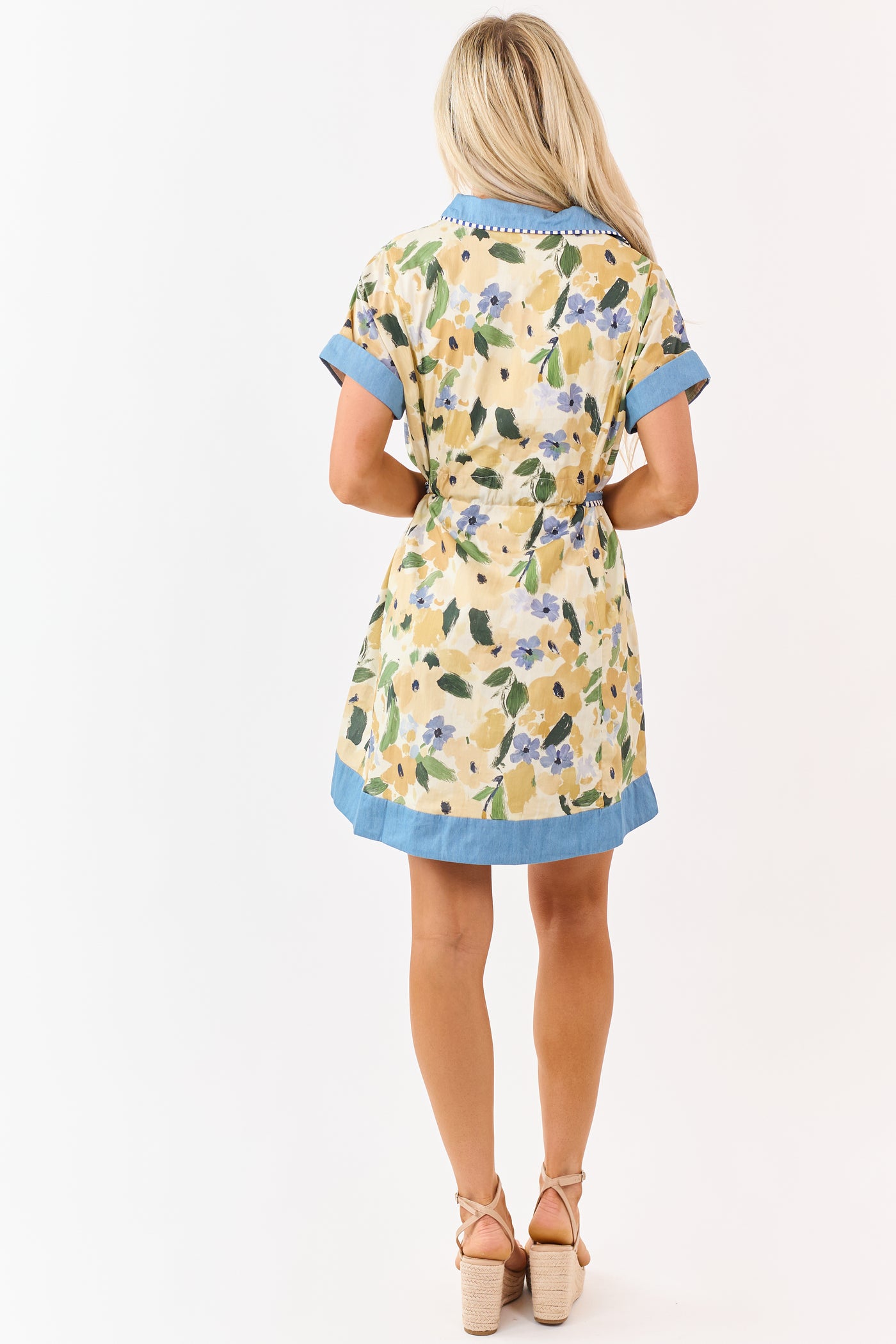 Mustard Watercolor Floral Cotton Waist Tie Mini Dress