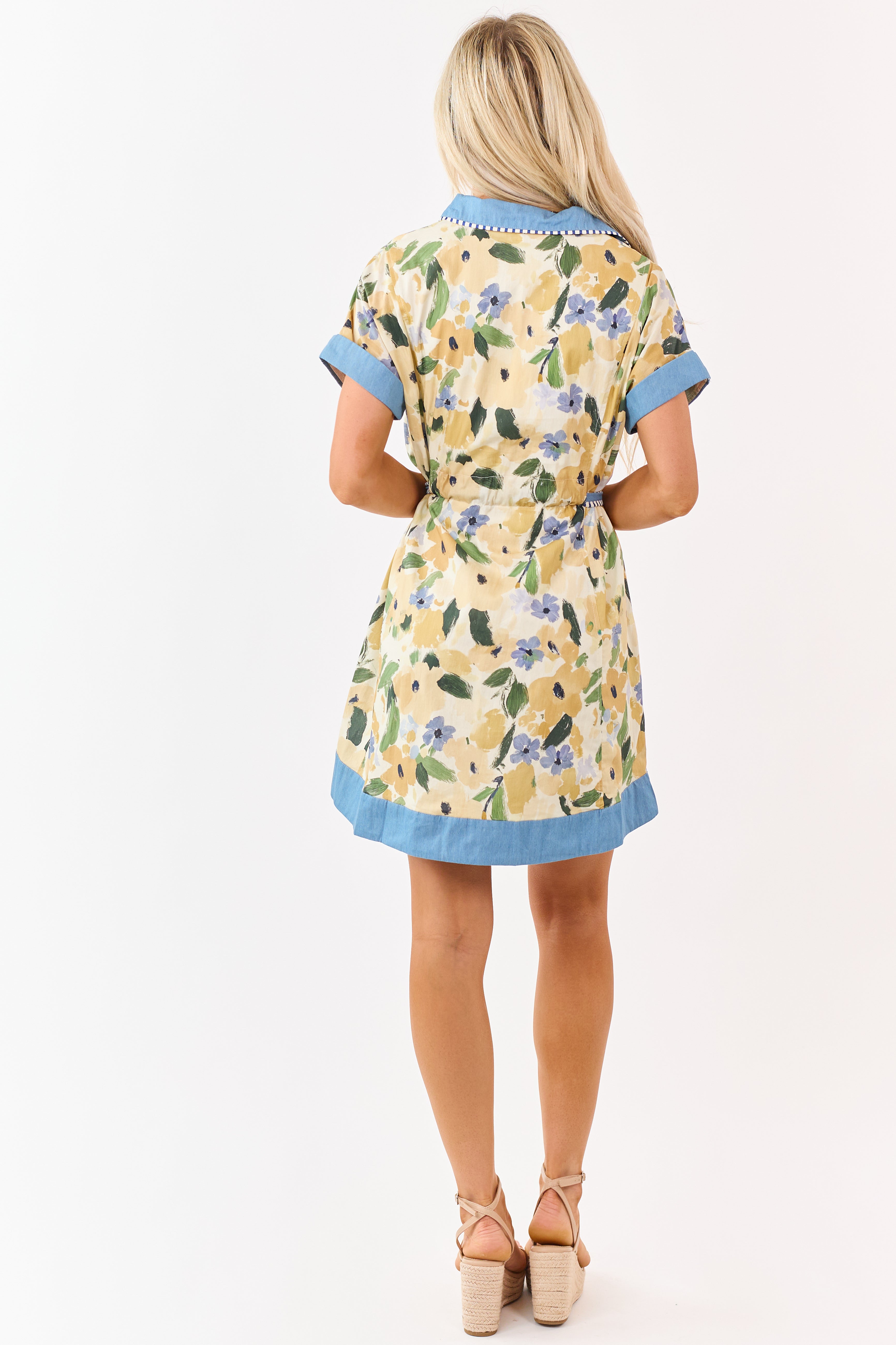 Mustard Watercolor Floral Cotton Waist Tie Mini Dress