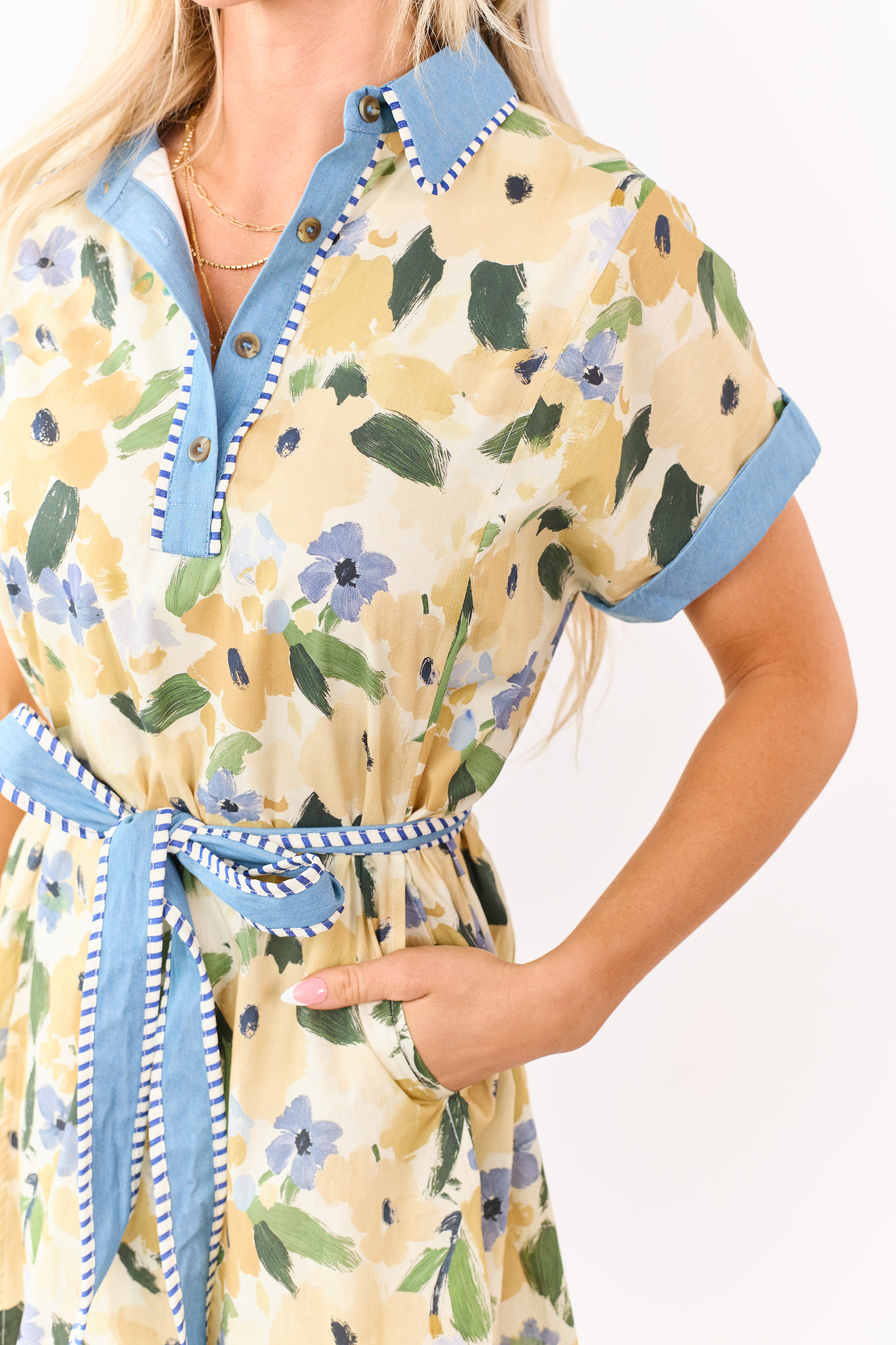 Mustard Watercolor Floral Cotton Waist Tie Mini Dress