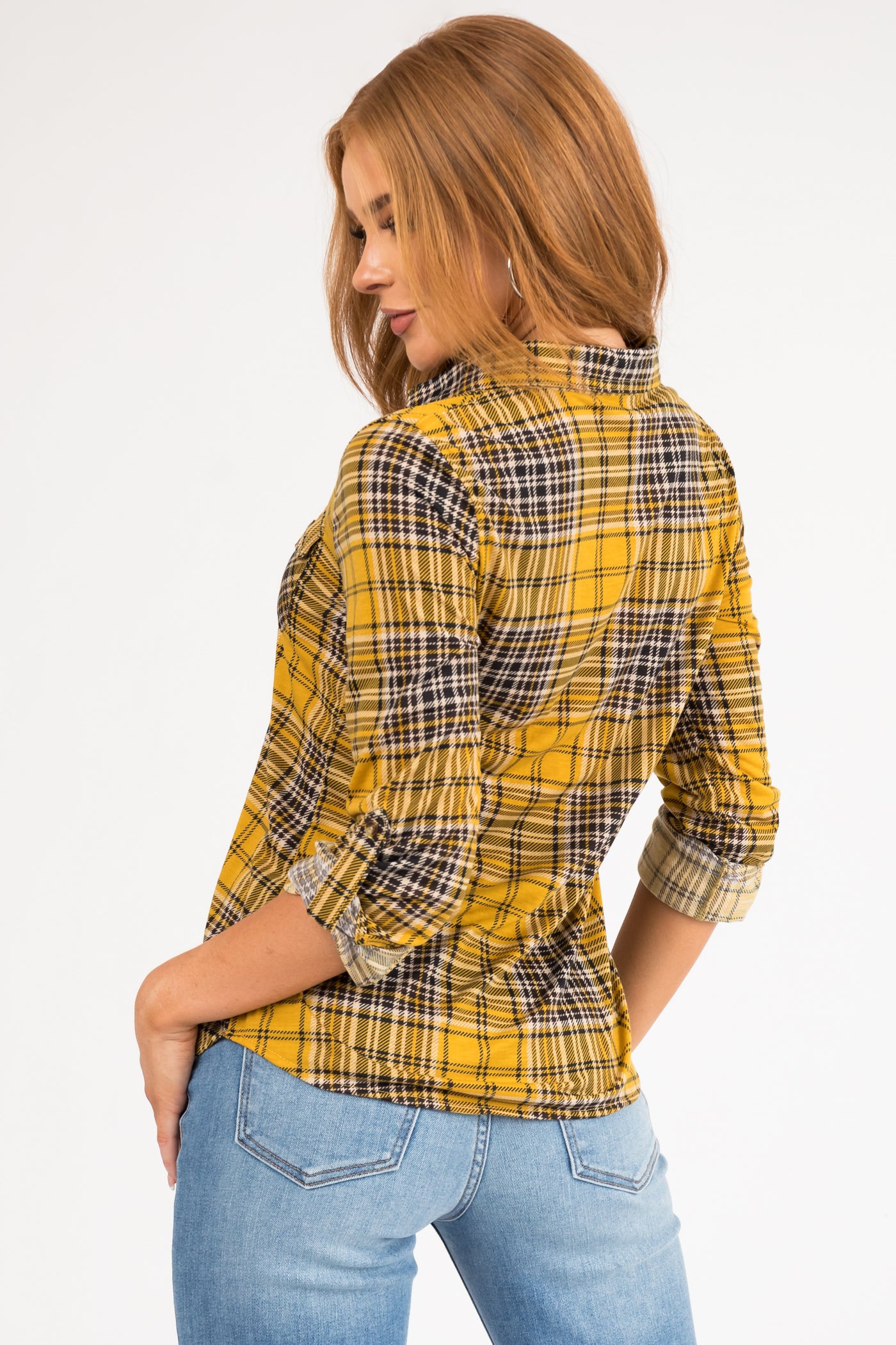 Mustard and Black Plaid Top with Chest Pocket