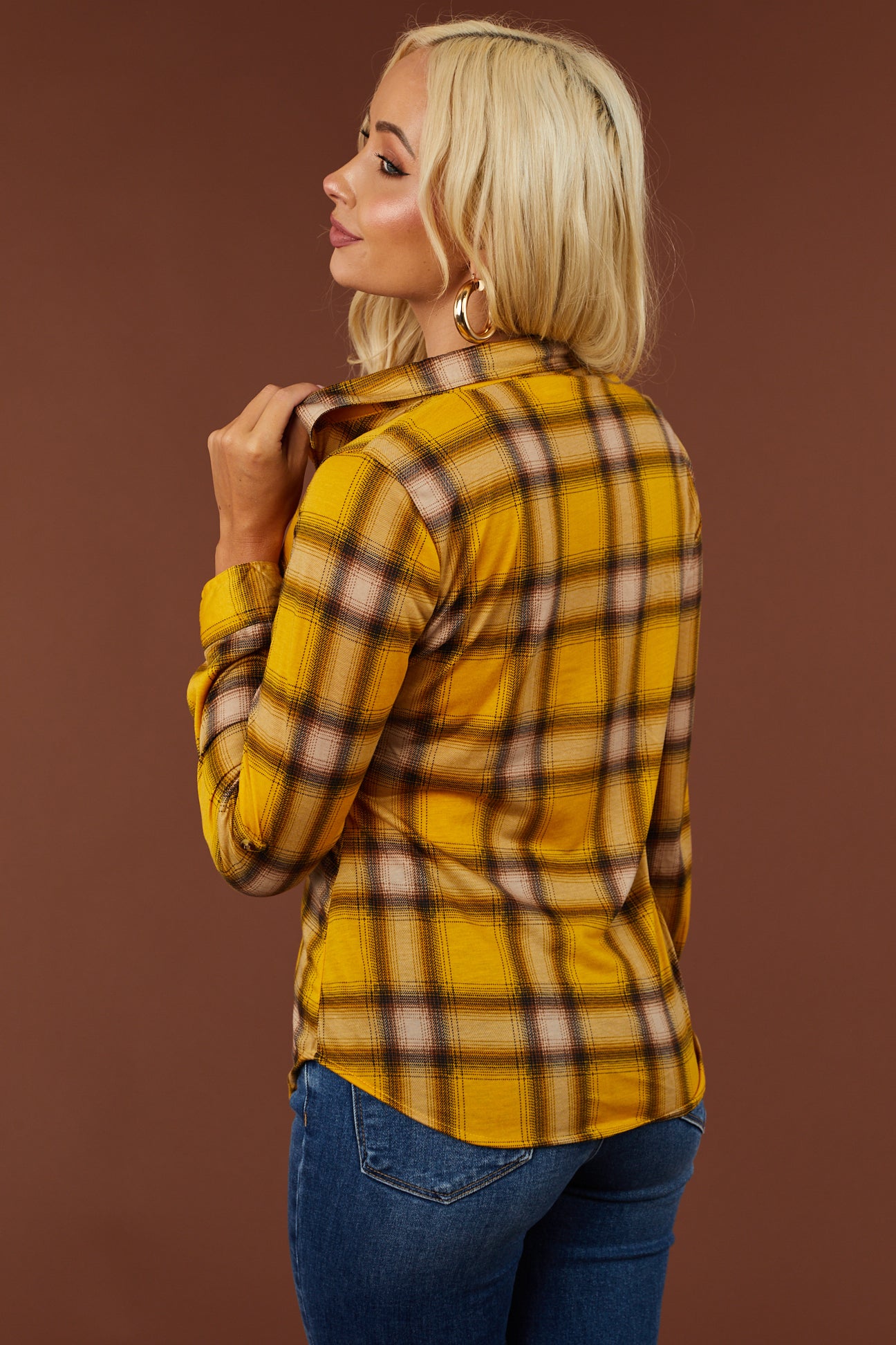 Mustard and Sand Plaid Top with Chest Pocket