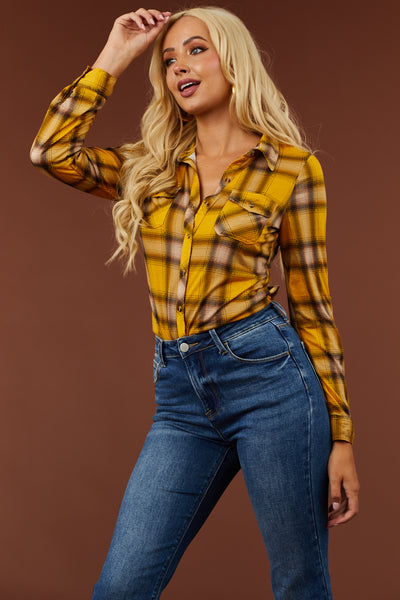Mustard and Sand Plaid Top with Chest Pocket