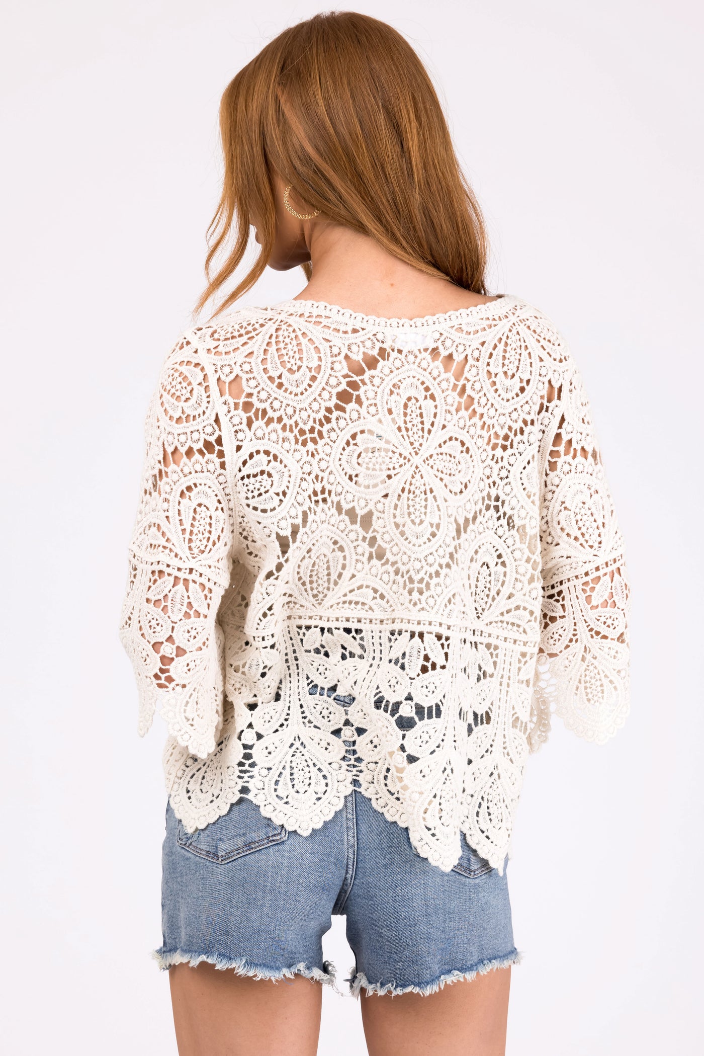 Natural Crochet Lace Scalloped Half Sleeve Top