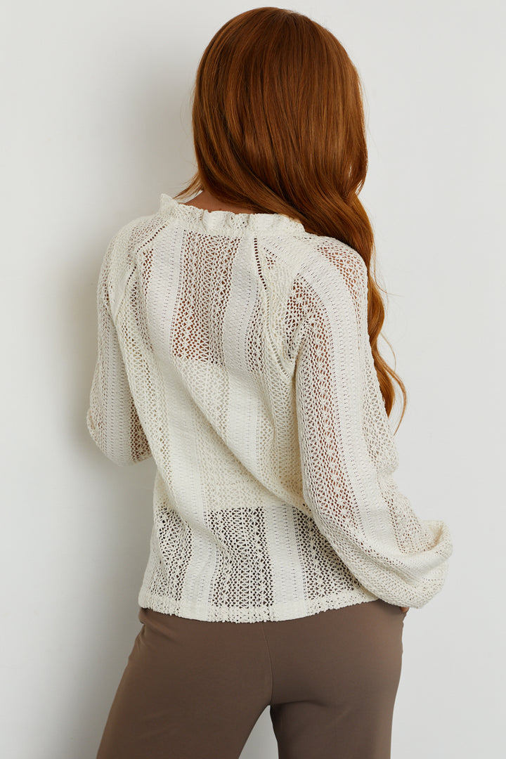 Natural Pointelle Lace Long Sleeve Button Up Top