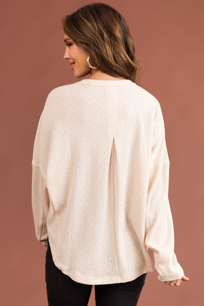 Natural Textured Knit Long Sleeve Henley Top