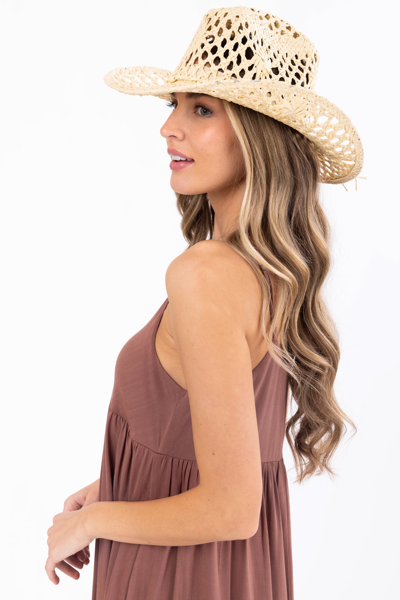 Natural Eyelet Straw Woven Western Hat