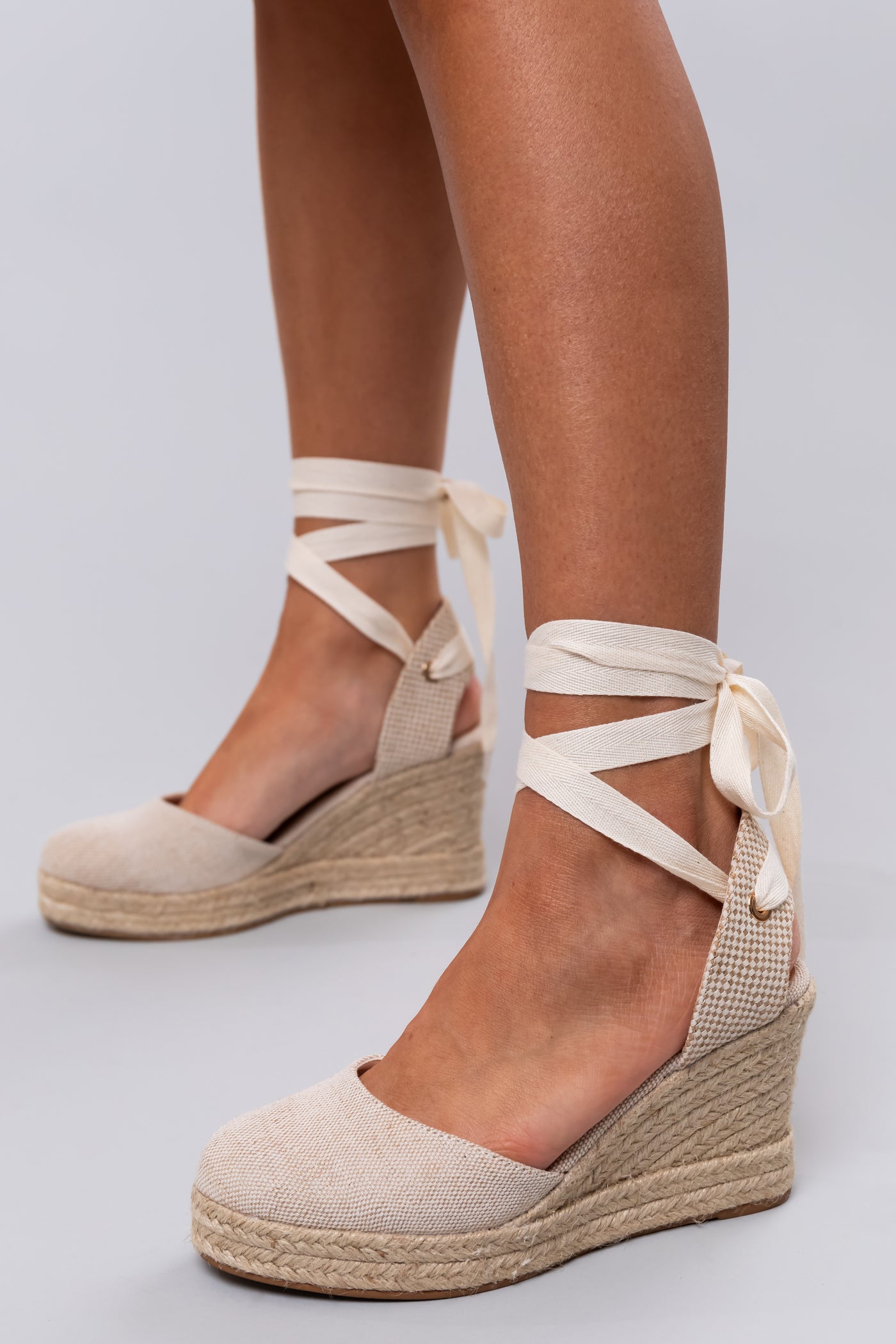 Natural Linen Closed Toe Espadrille Wedges