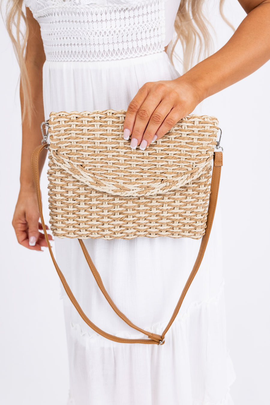 Natural Two Tone Straw Fold Over Clutch Bag