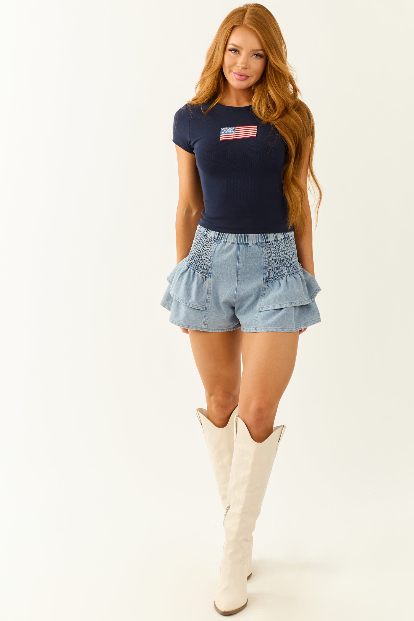 Navy American Flag Embroidered Short Sleeve Knit Top