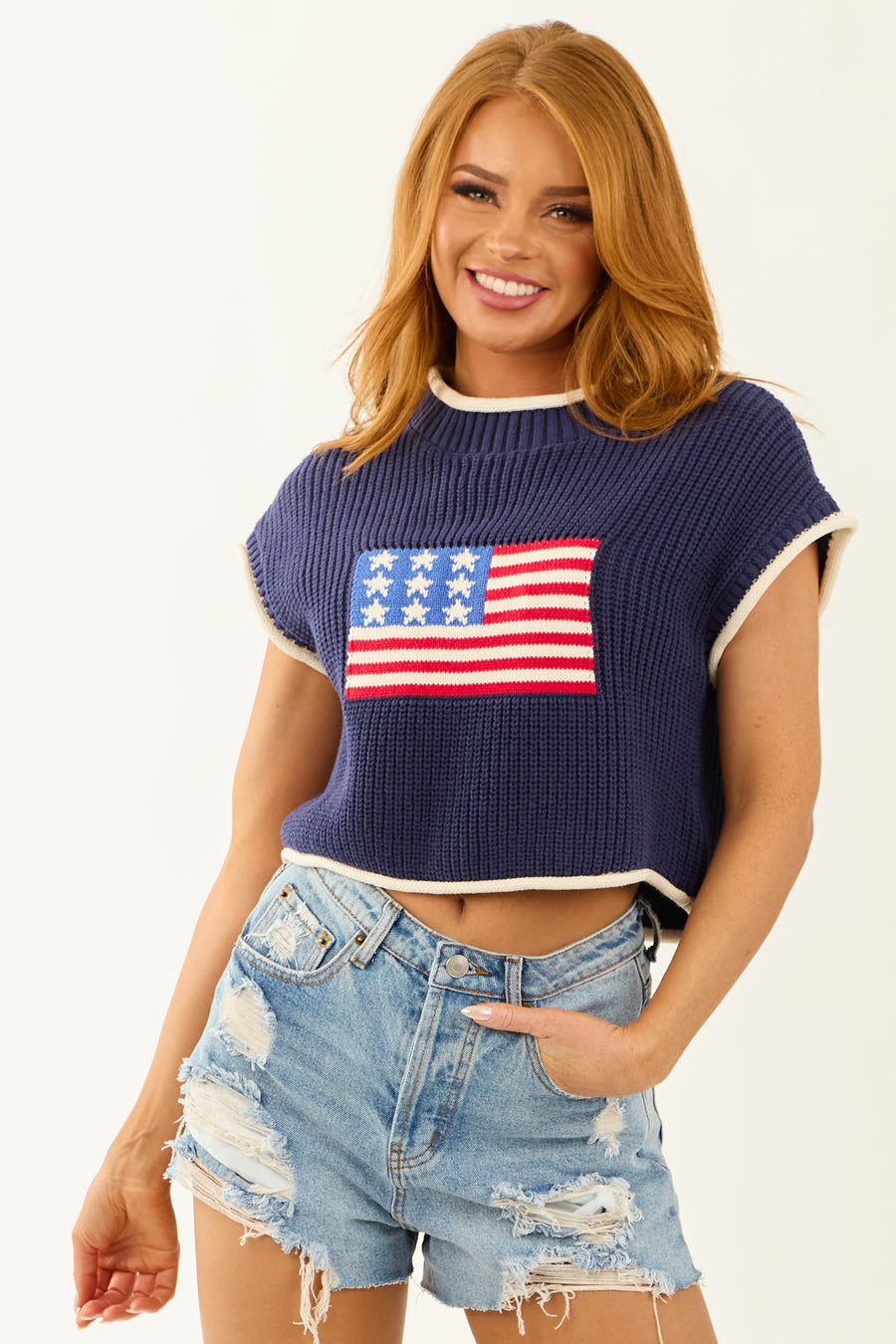 Navy American Flag Graphic Boxy Sweater Top