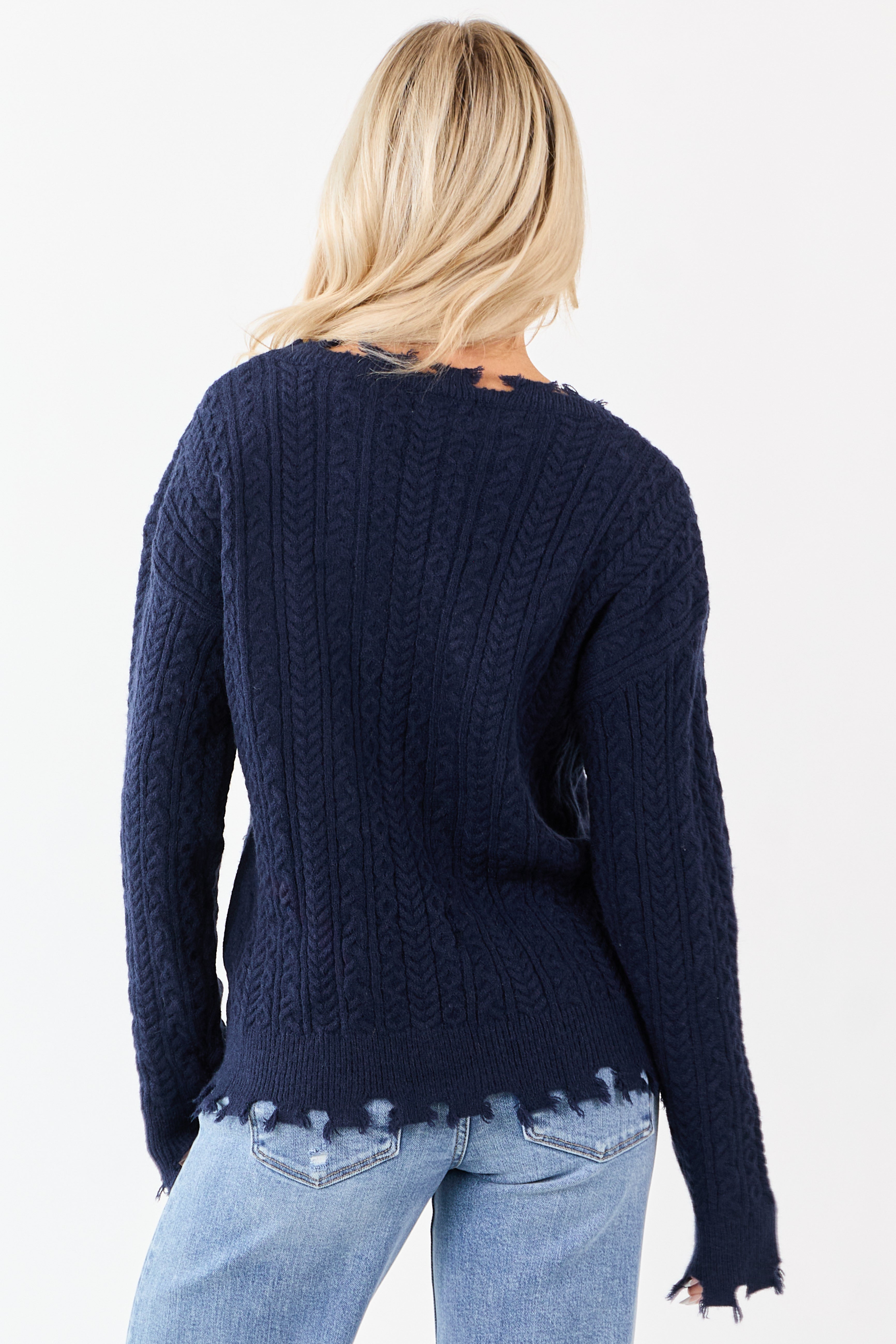 Navy American Flag Graphic Shredded Trim Sweater