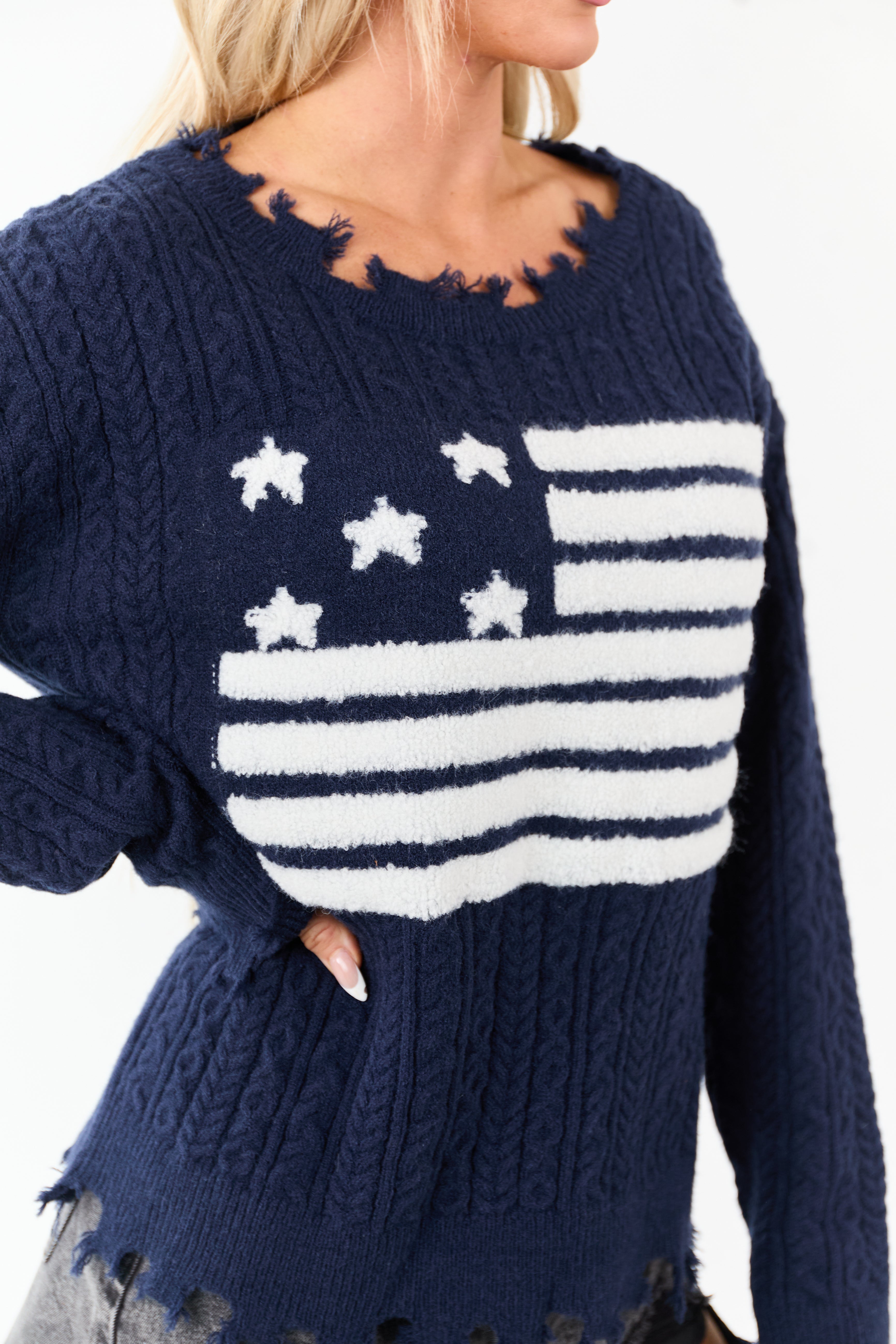Navy American Flag Graphic Shredded Trim Sweater