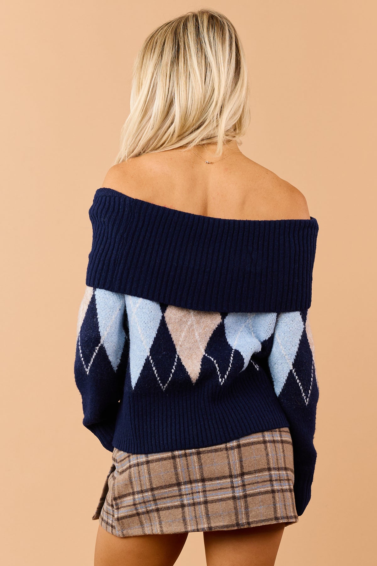 Navy Argyle Off Shoulder Ribbed Trim Sweater