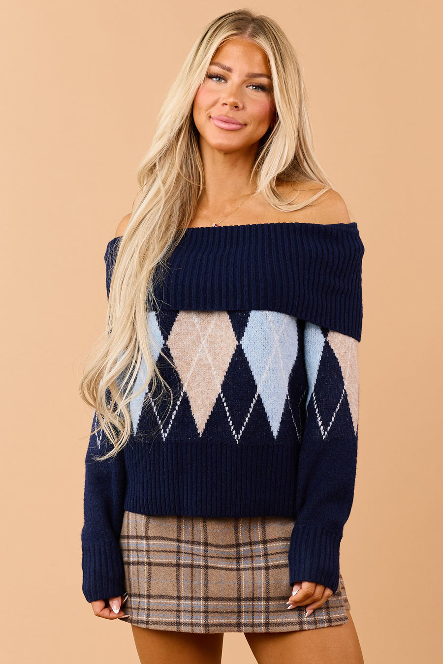 Navy Argyle Off Shoulder Ribbed Trim Sweater