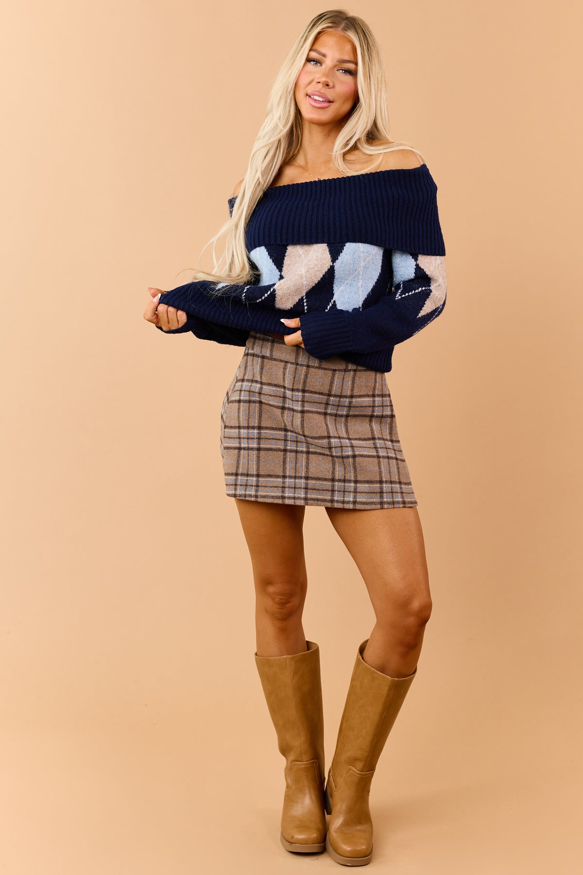 Navy Argyle Off Shoulder Ribbed Trim Sweater