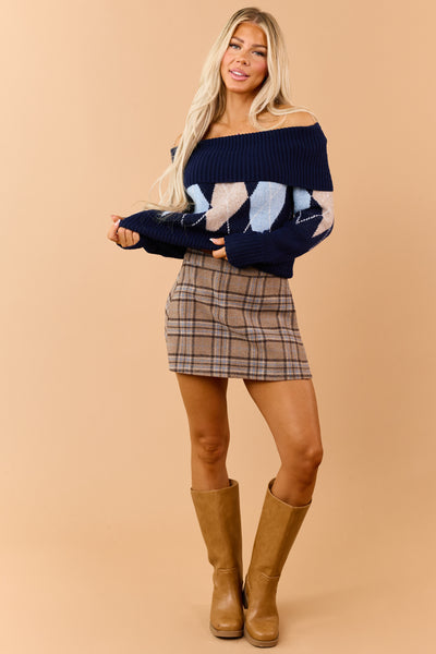 Navy Argyle Off Shoulder Ribbed Trim Sweater