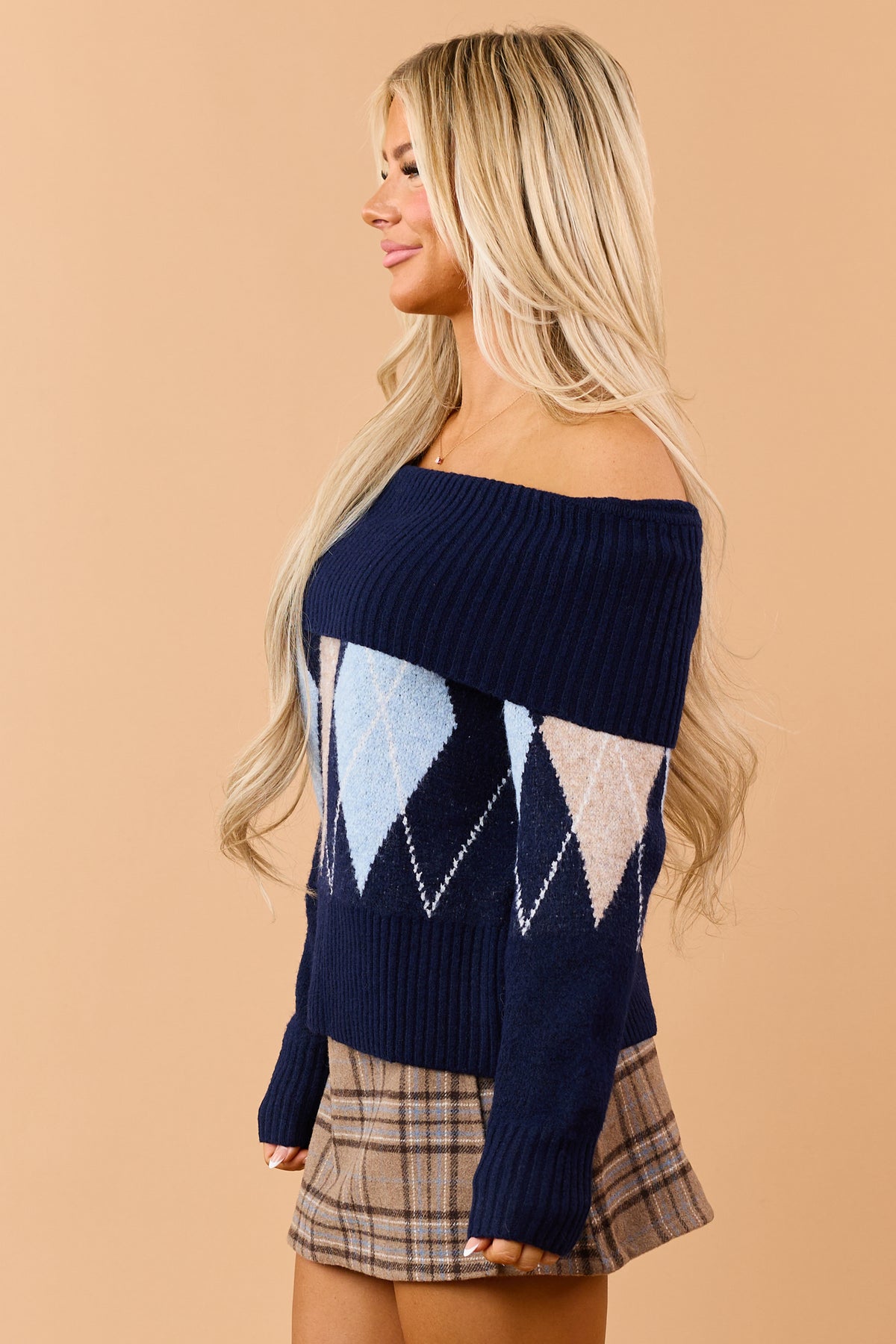 Navy Argyle Off Shoulder Ribbed Trim Sweater