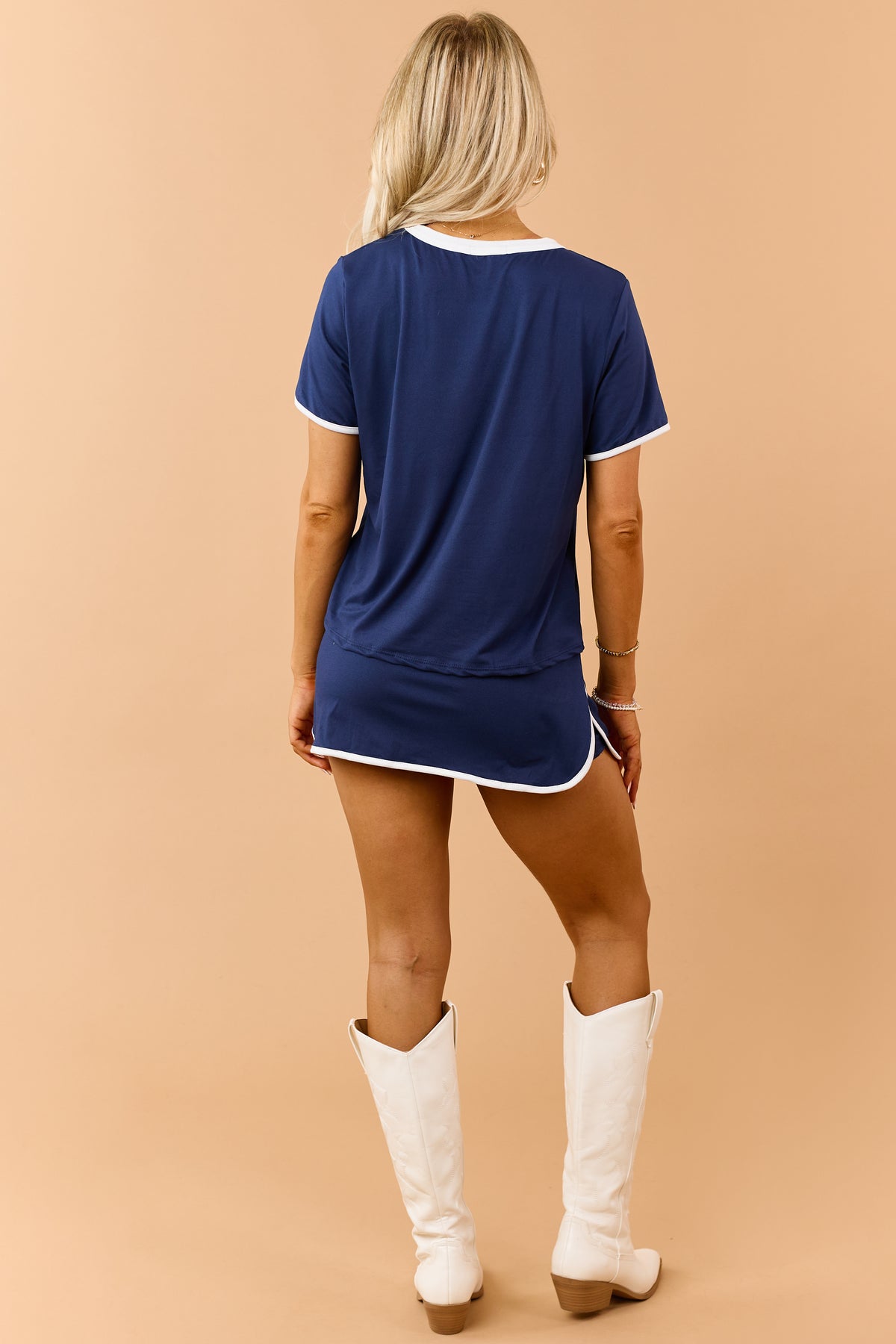 Navy Blue Contrast Trim Knit Top and Skort Set