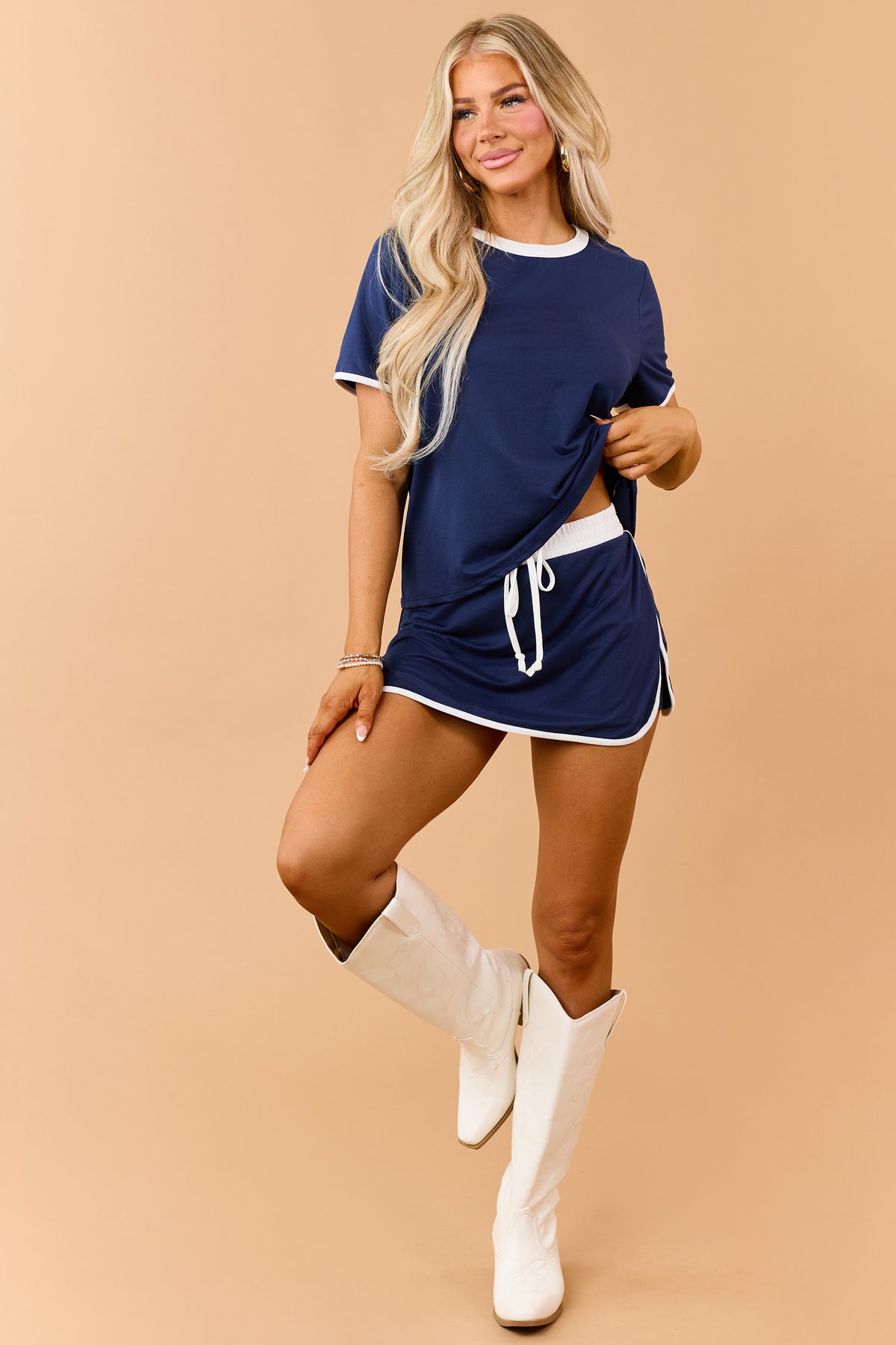 Navy Blue Contrast Trim Knit Top and Skort Set