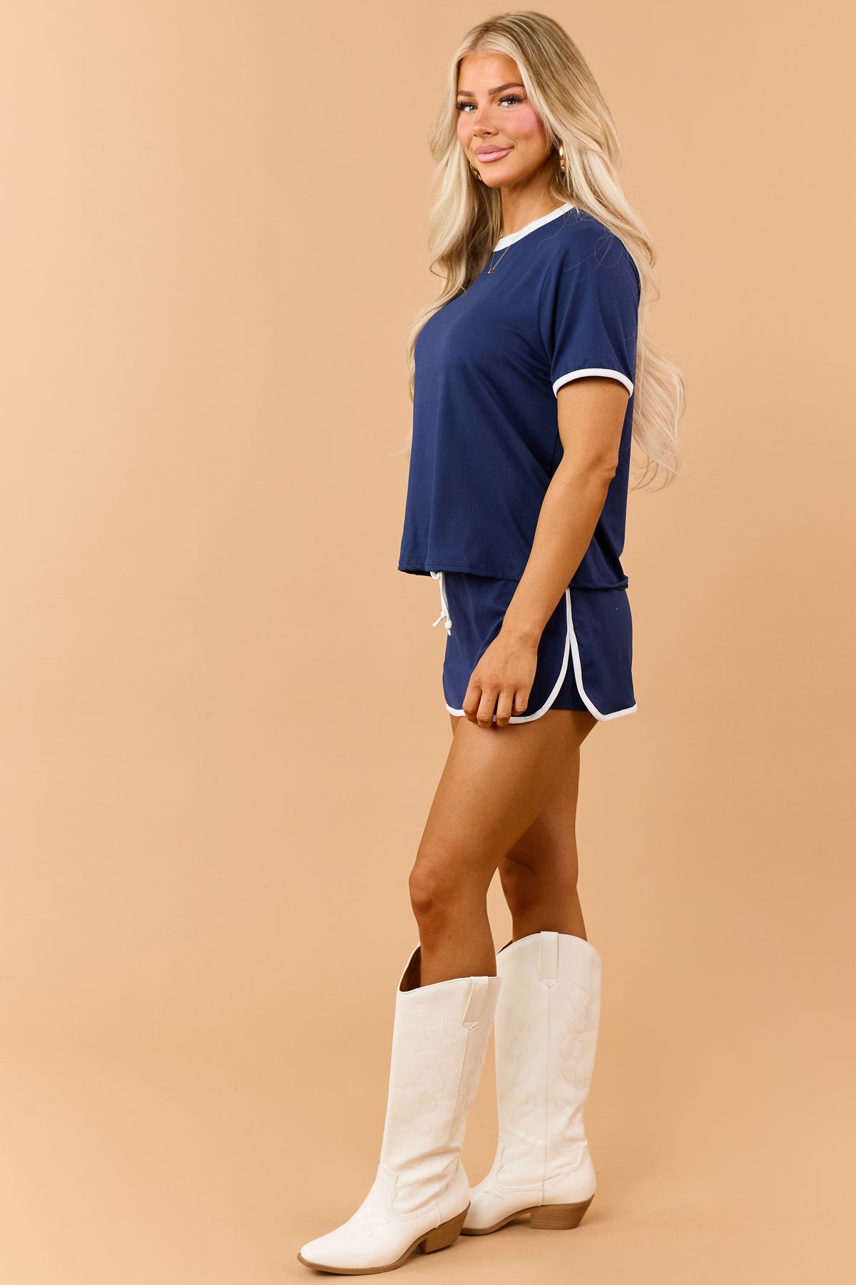 Navy Blue Contrast Trim Knit Top and Skort Set