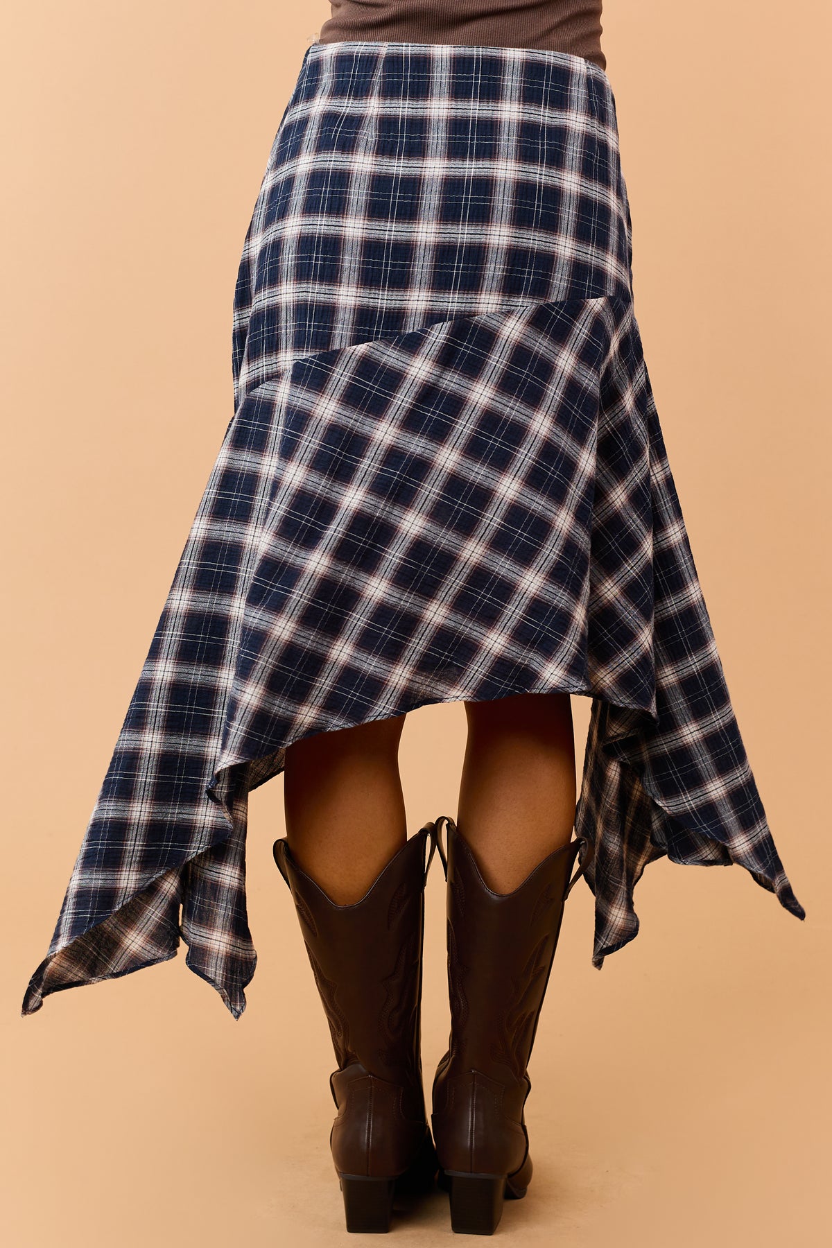 Navy Blue Cotton Gauze Plaid Handkerchief Hem Skirt
