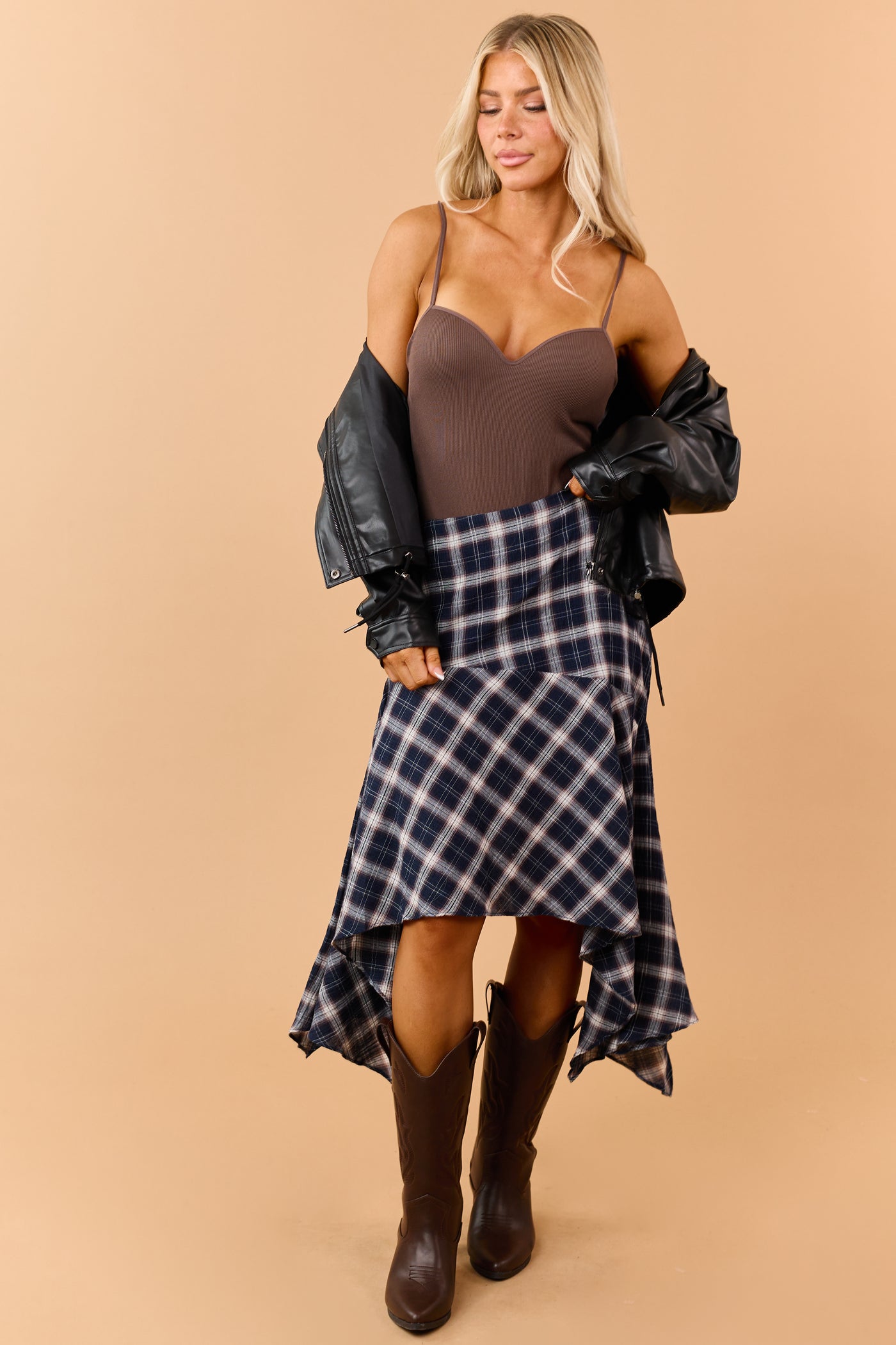 Navy Blue Cotton Gauze Plaid Handkerchief Hem Skirt