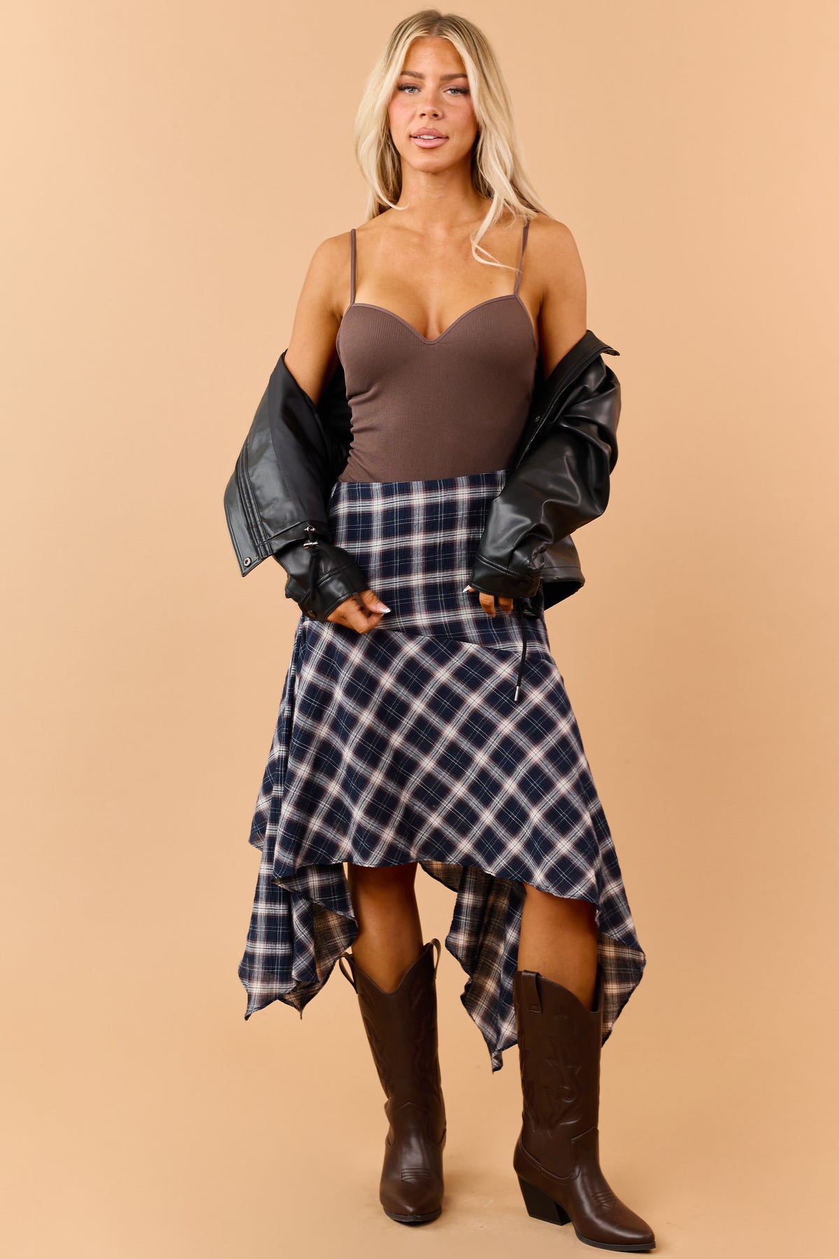 Navy Blue Cotton Gauze Plaid Handkerchief Hem Skirt