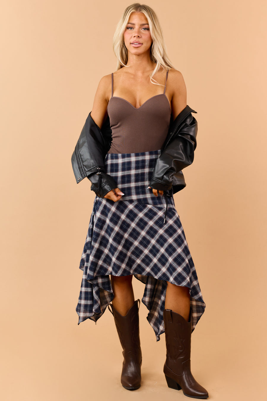Navy Blue Cotton Gauze Plaid Handkerchief Hem Skirt