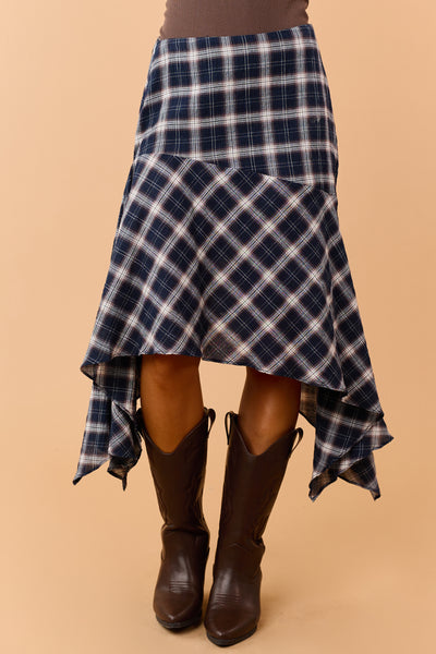 Navy Blue Cotton Gauze Plaid Handkerchief Hem Skirt