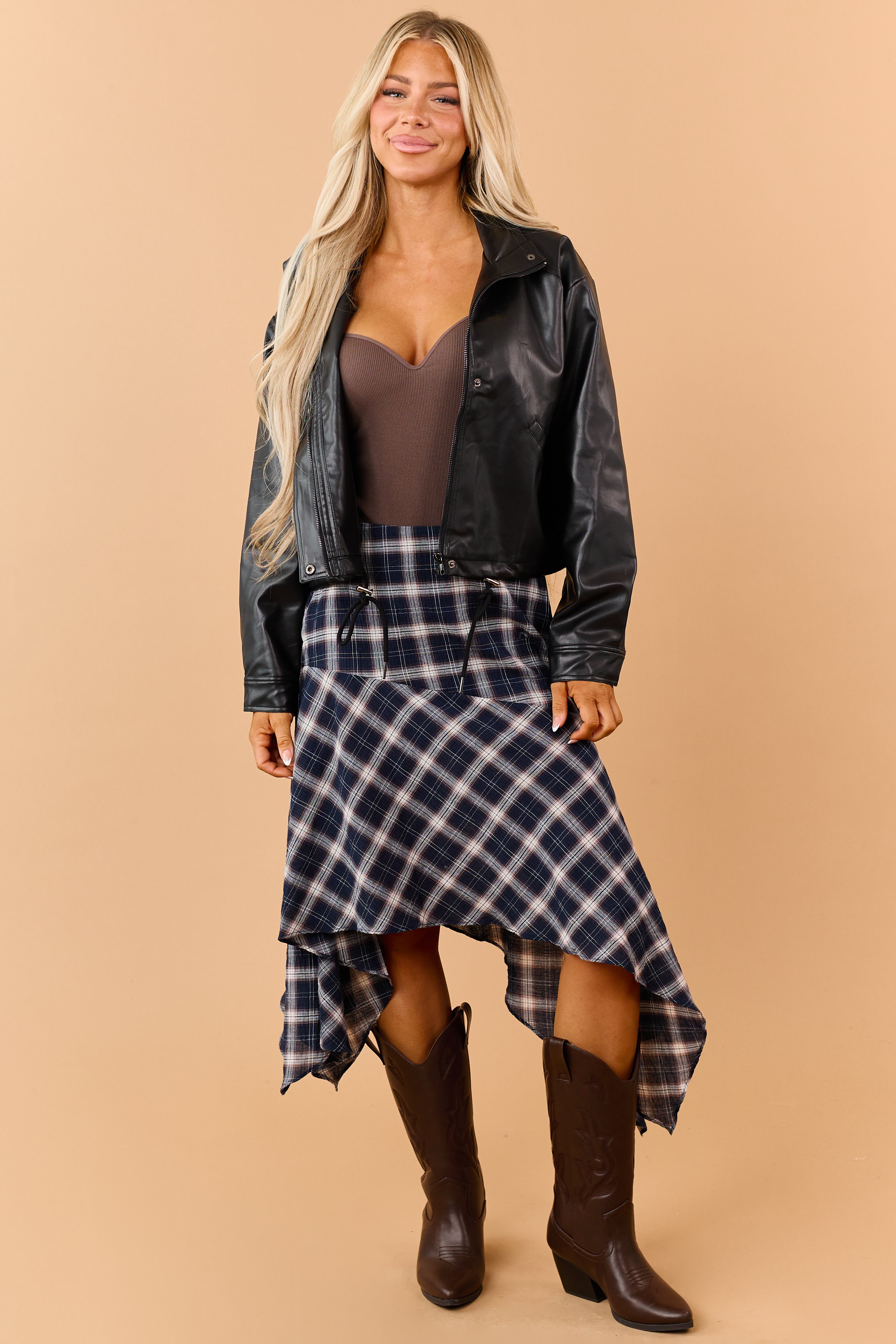 Navy Blue Cotton Gauze Plaid Handkerchief Hem Skirt