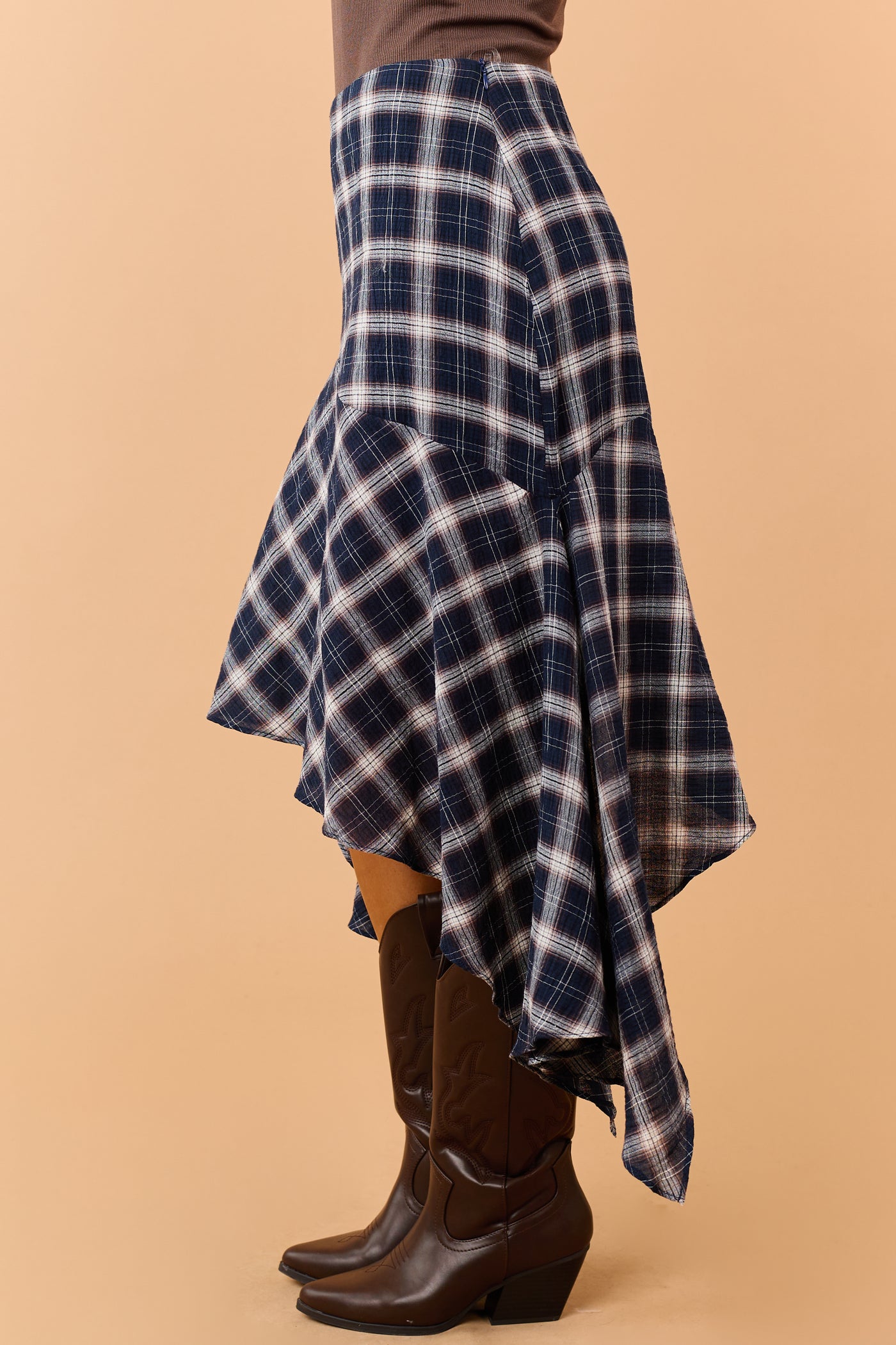 Navy Blue Cotton Gauze Plaid Handkerchief Hem Skirt