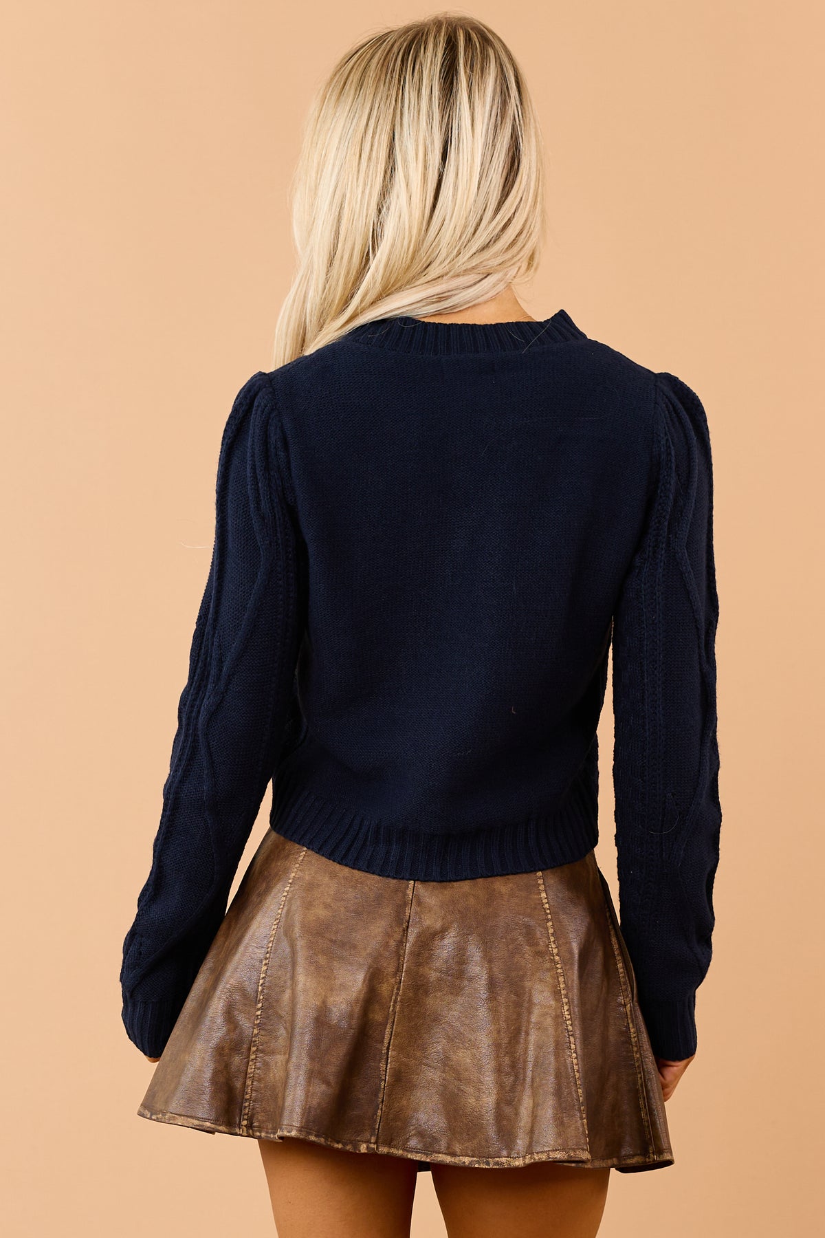 Navy Blue Floral Embroidered Cable Knit Cardigan