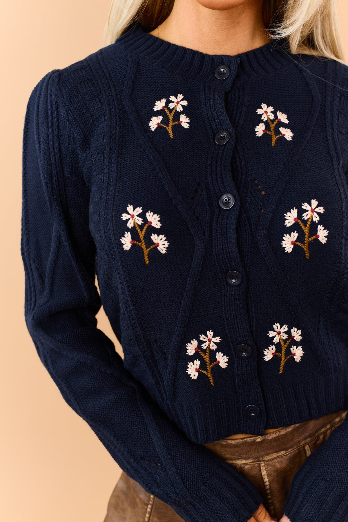 Navy Blue Floral Embroidered Cable Knit Cardigan