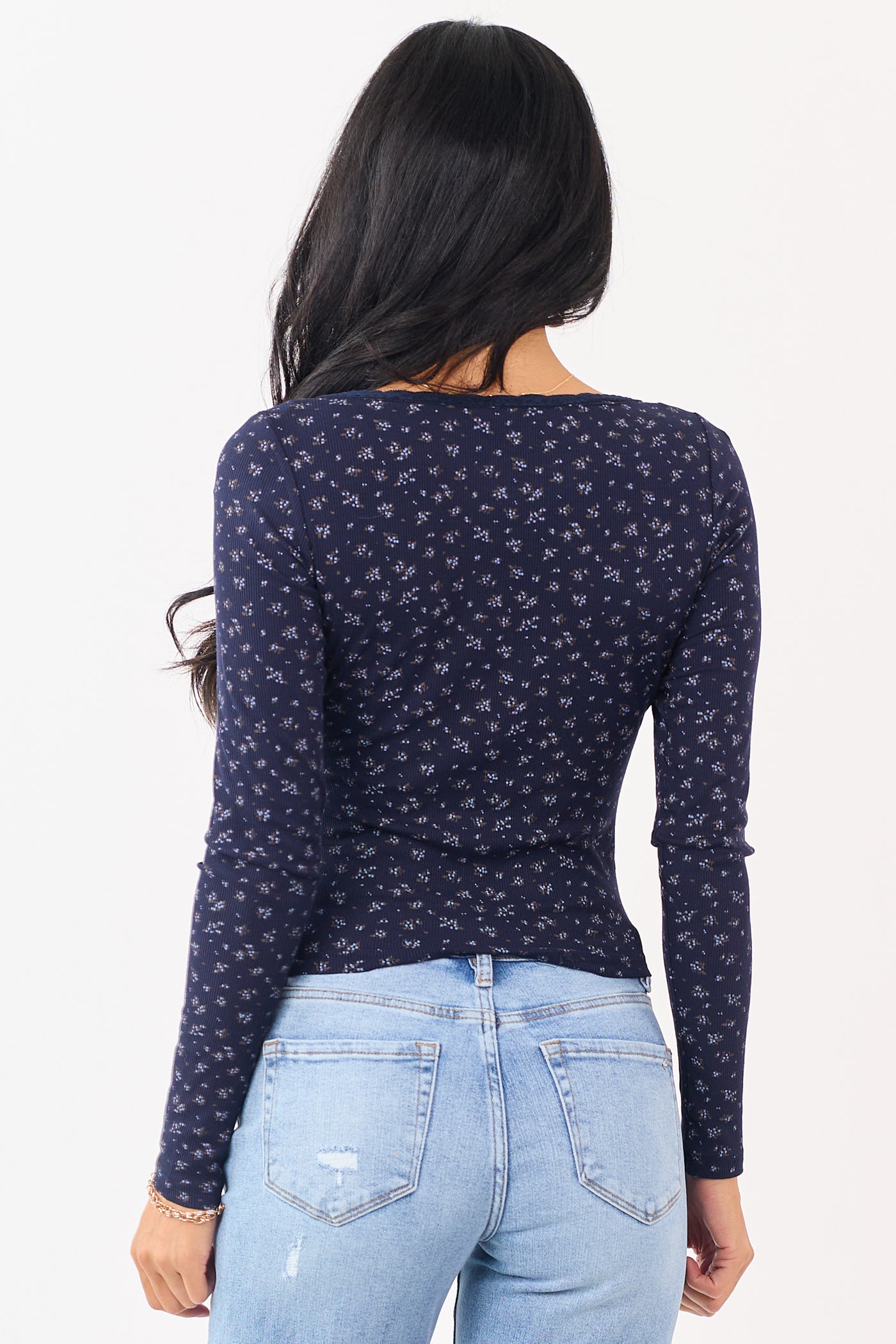 Navy Blue Floral Print Lace Trim Long Sleeve Top