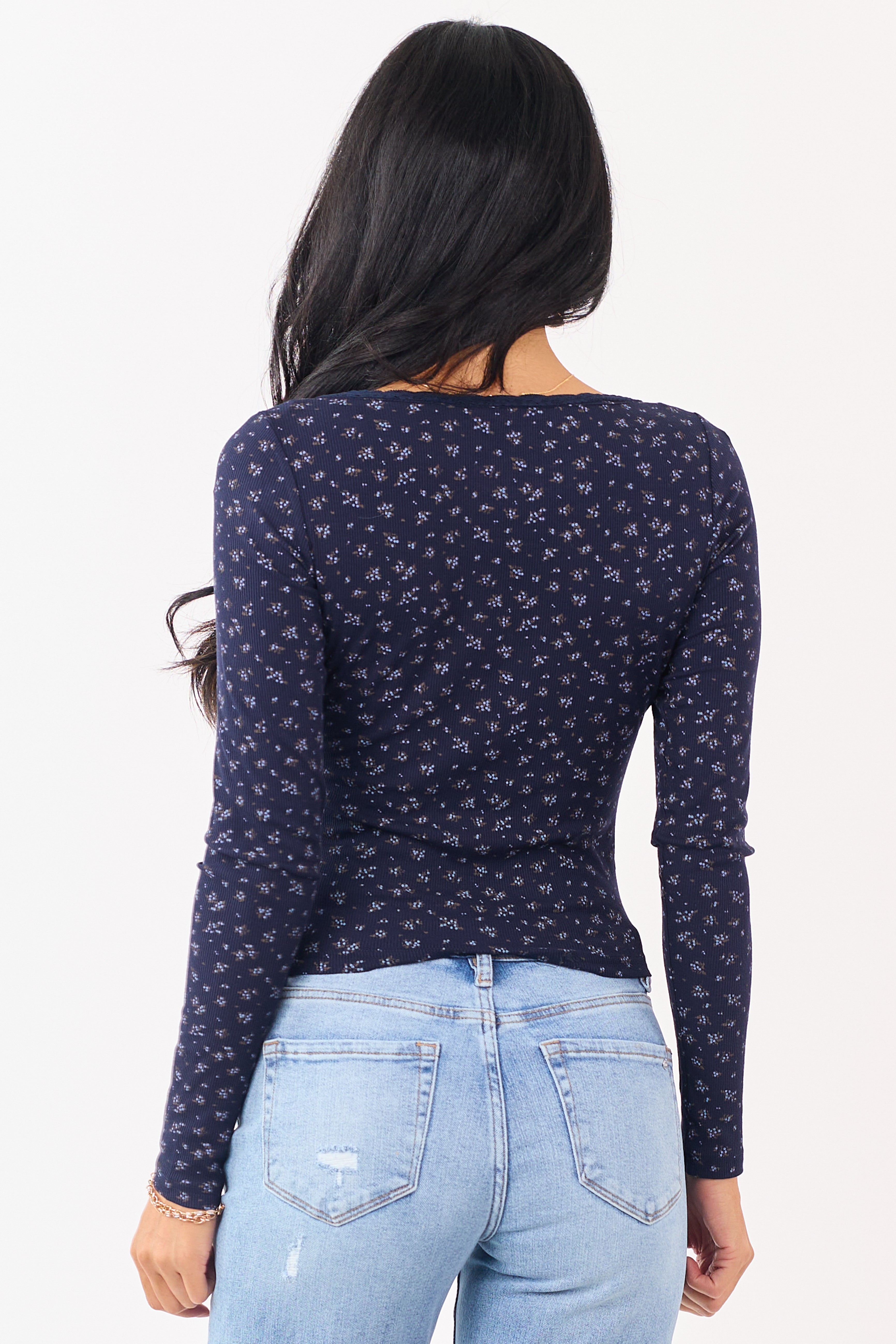 Navy Blue Floral Print Lace Trim Long Sleeve Top