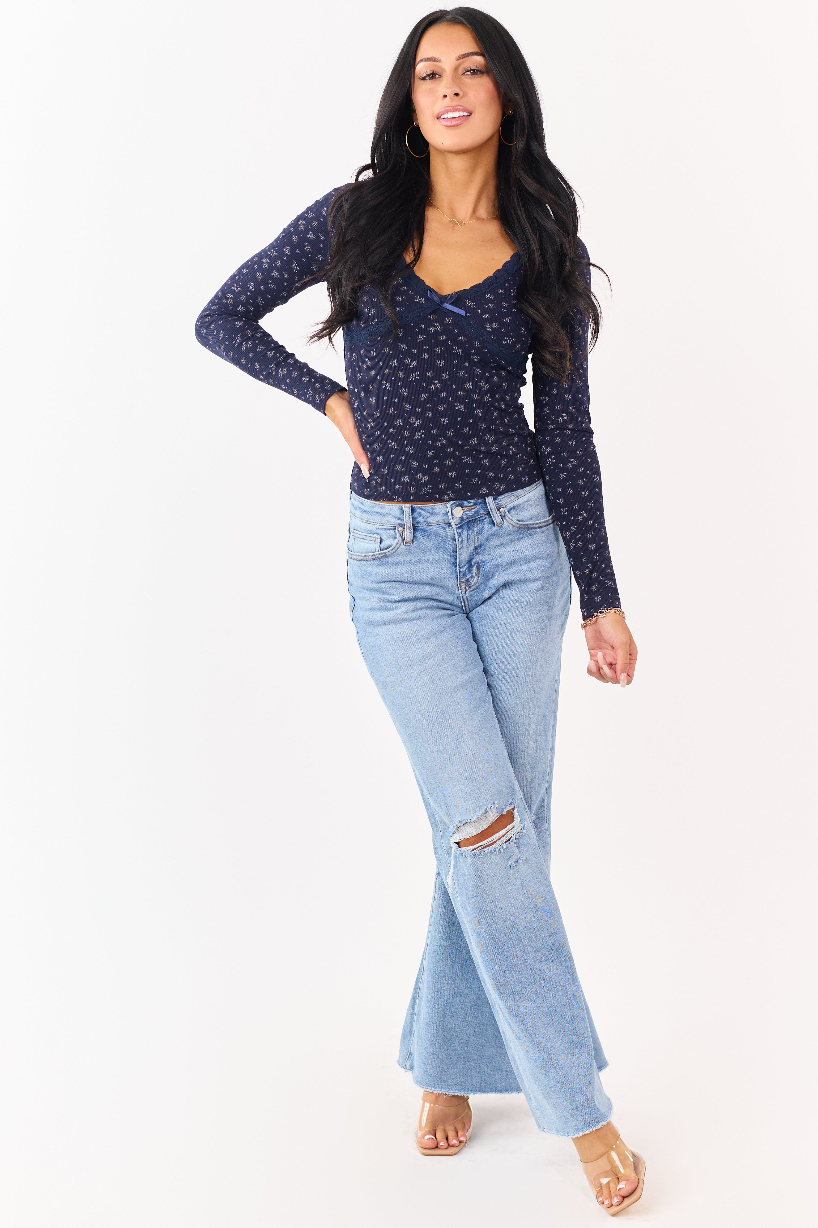 Navy Blue Floral Print Lace Trim Long Sleeve Top