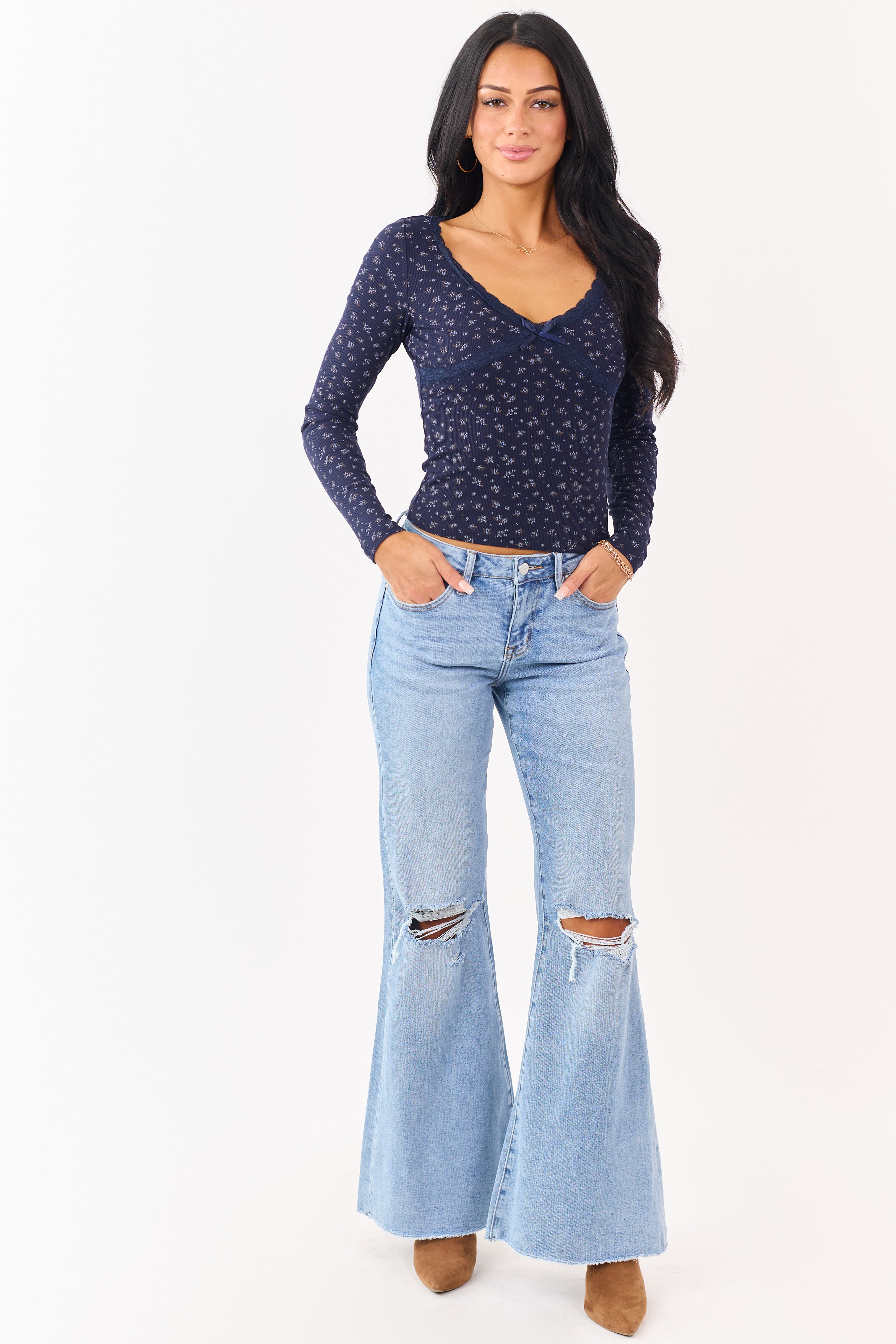 Navy Blue Floral Print Lace Trim Long Sleeve Top | Lime Lush Boutique