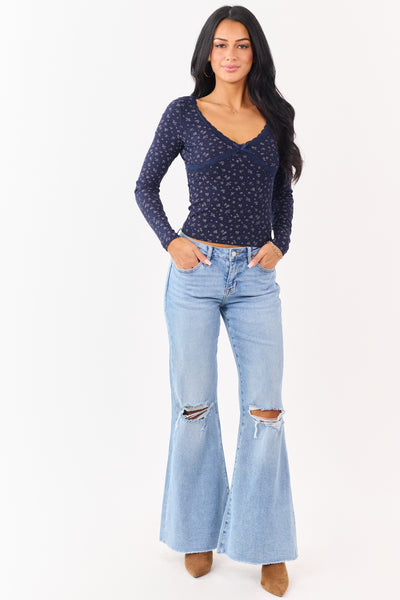 Navy Blue Floral Print Lace Trim Long Sleeve Top