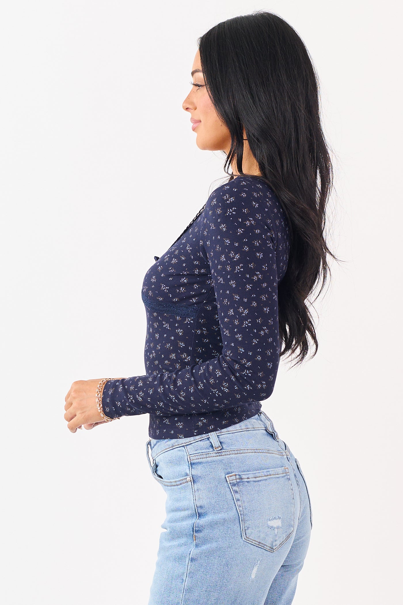 Navy Blue Floral Print Lace Trim Long Sleeve Top