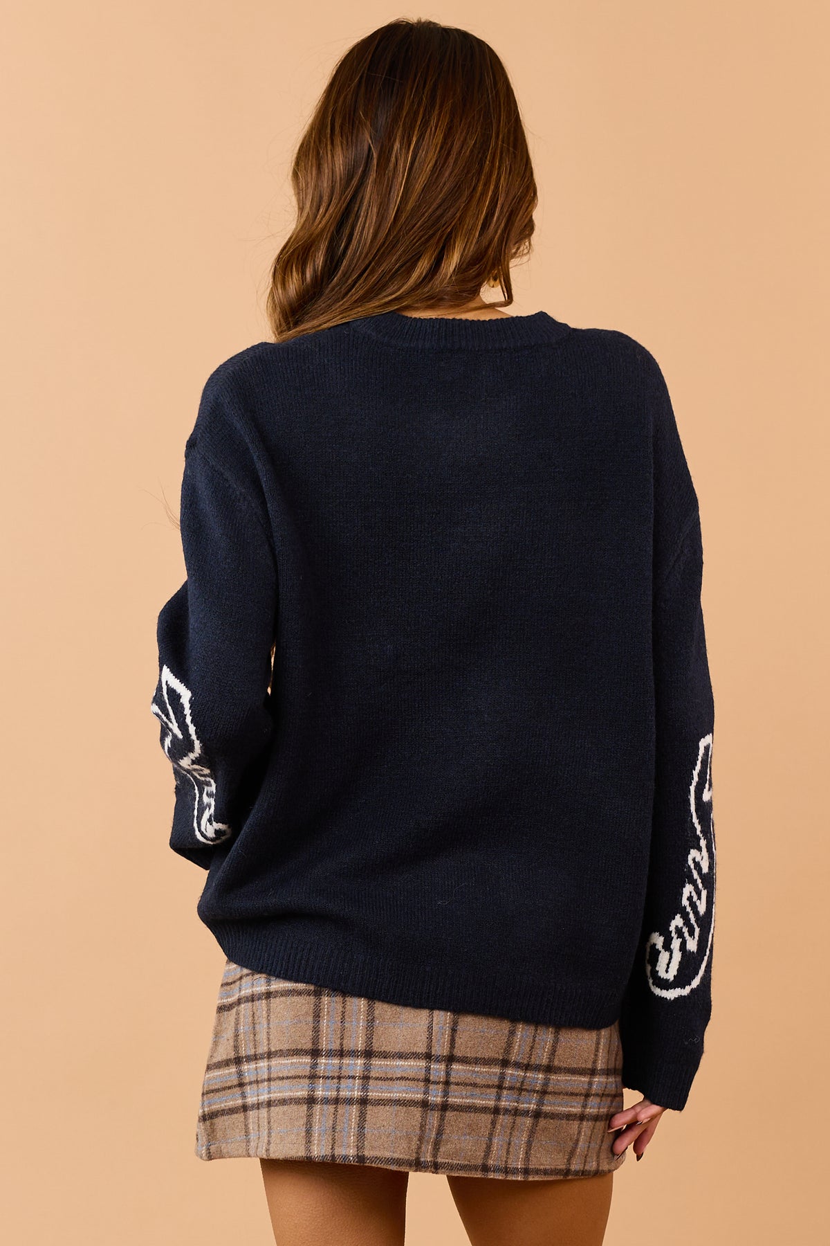 Navy Blue Horse Motif Relaxed Knit Sweater