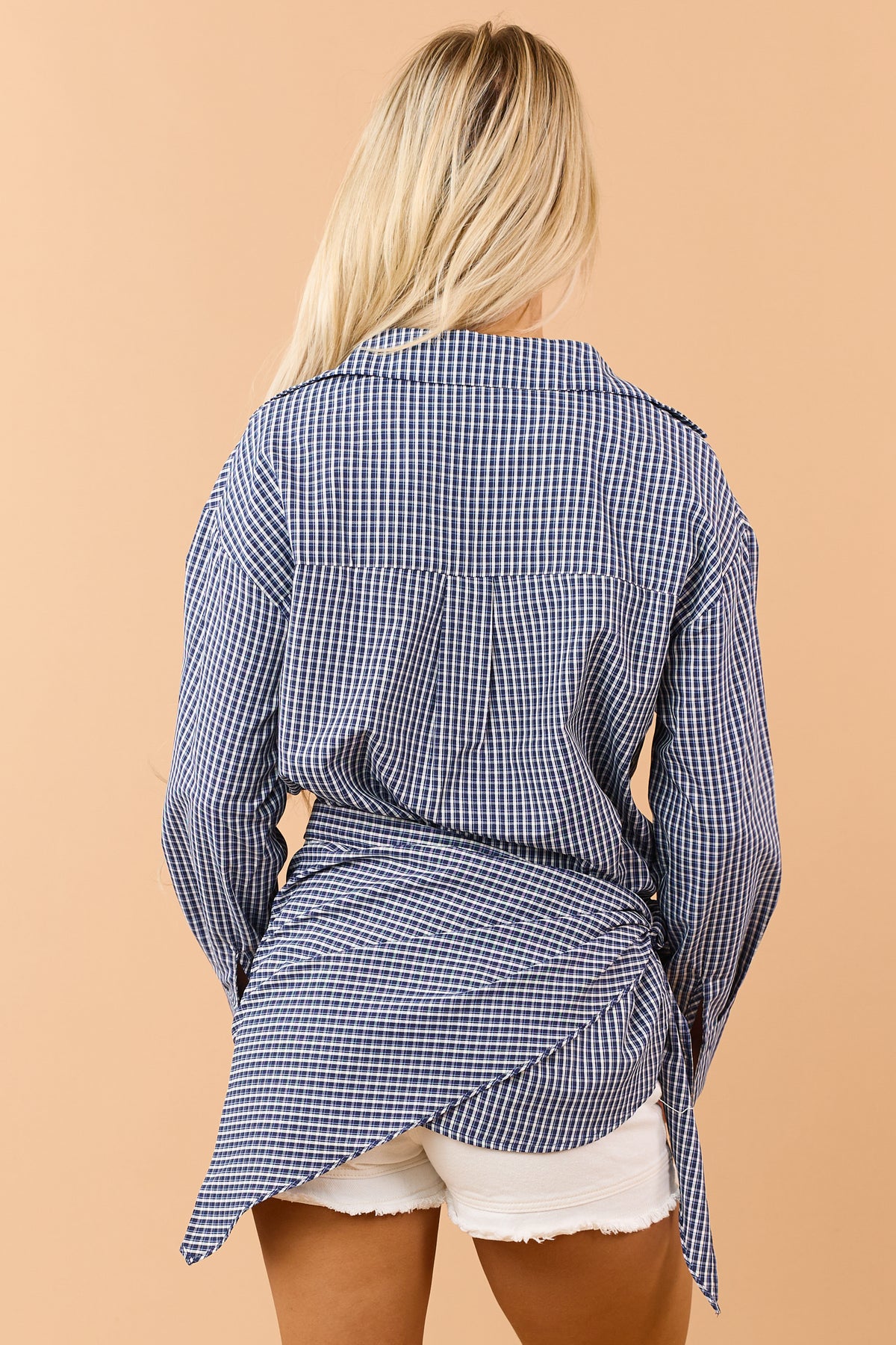 Navy Blue Plaid Button Down Top with Scarf