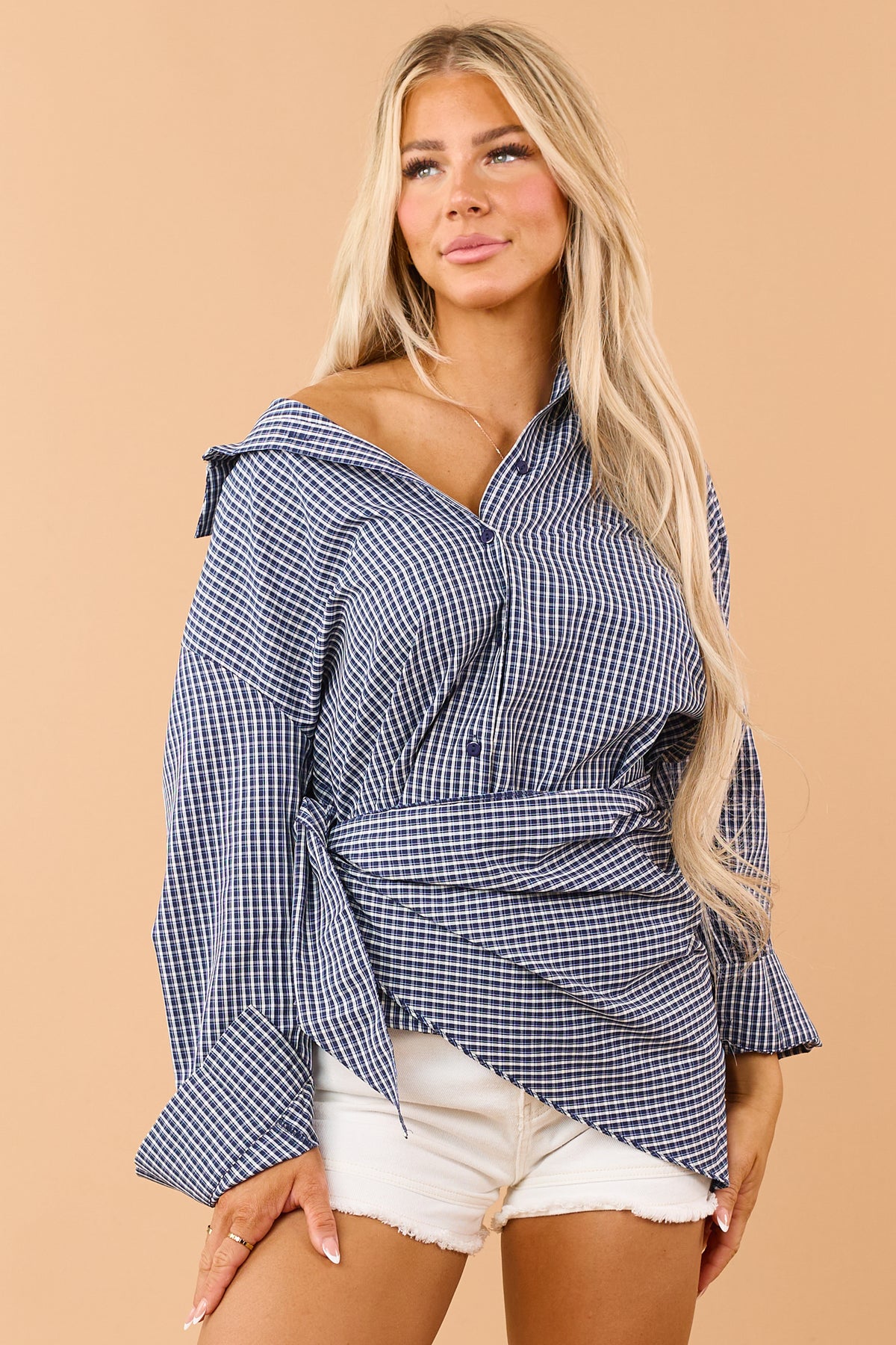 Navy Blue Plaid Button Down Top with Scarf