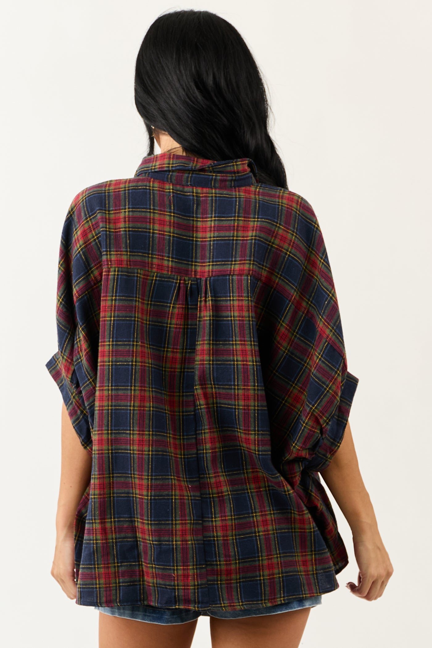 Navy Blue Plaid Button Up Dolman Sleeve Top