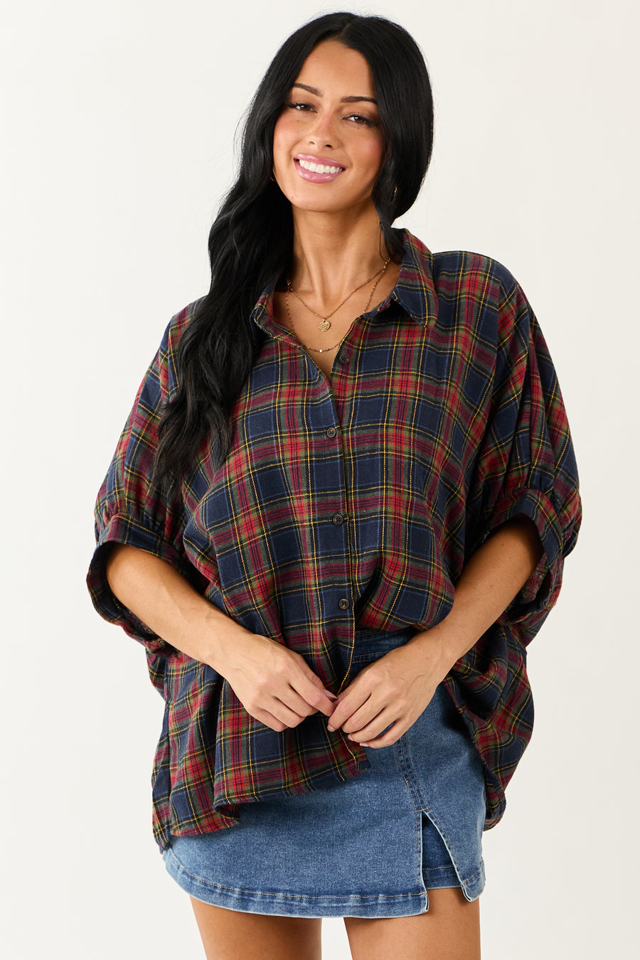 Navy Blue Plaid Button Up Dolman Sleeve Top