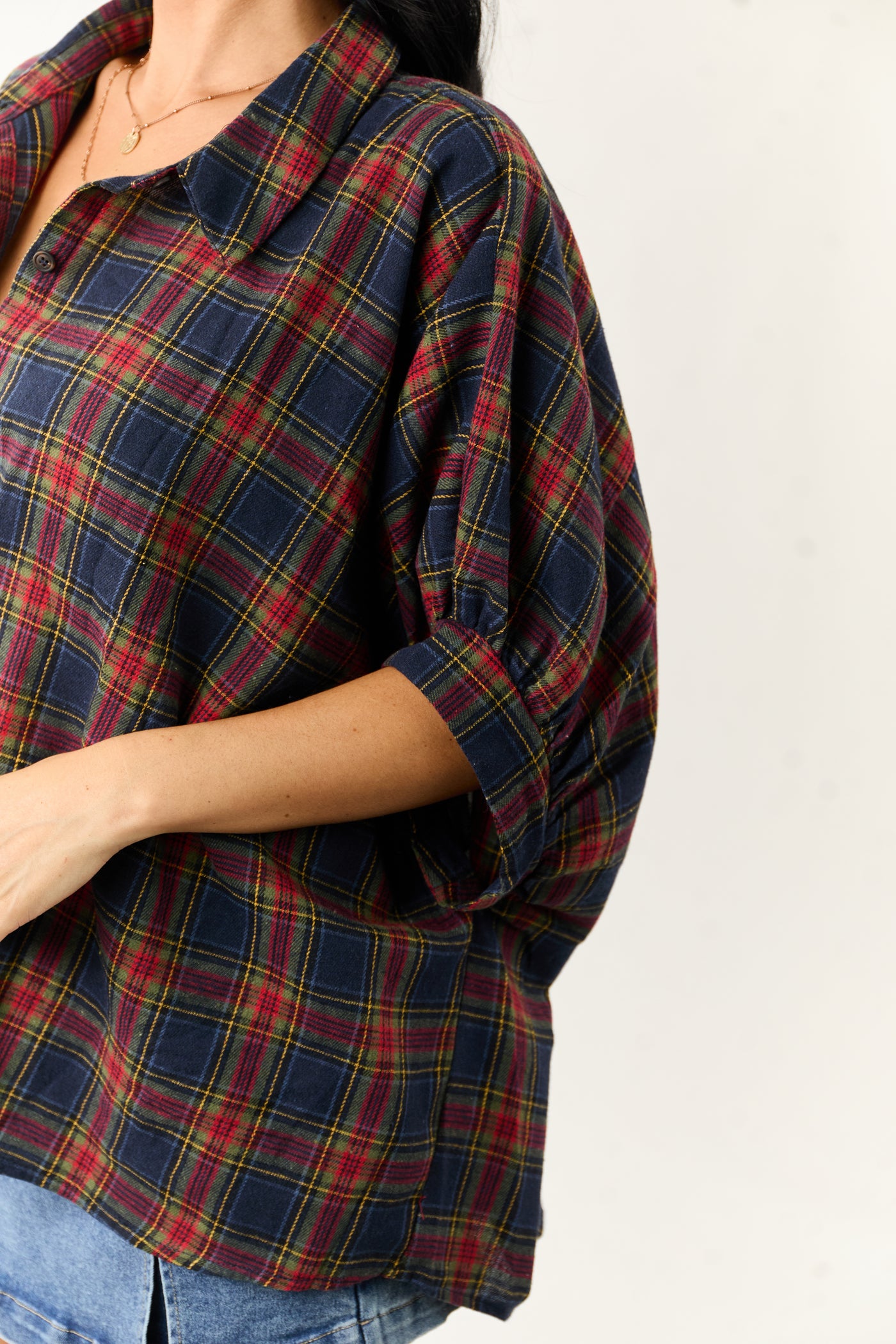 Navy Blue Plaid Button Up Dolman Sleeve Top