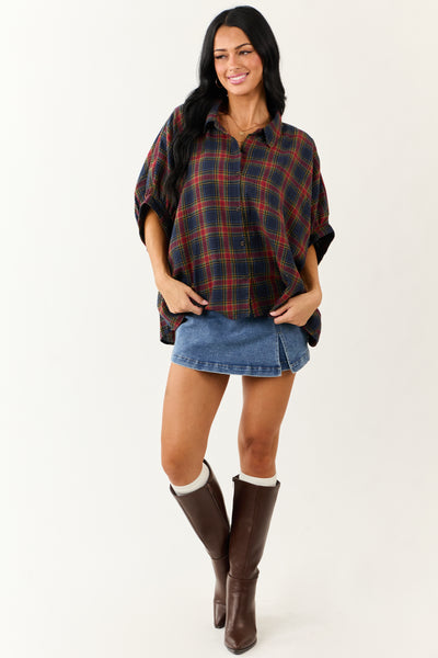 Navy Blue Plaid Button Up Dolman Sleeve Top