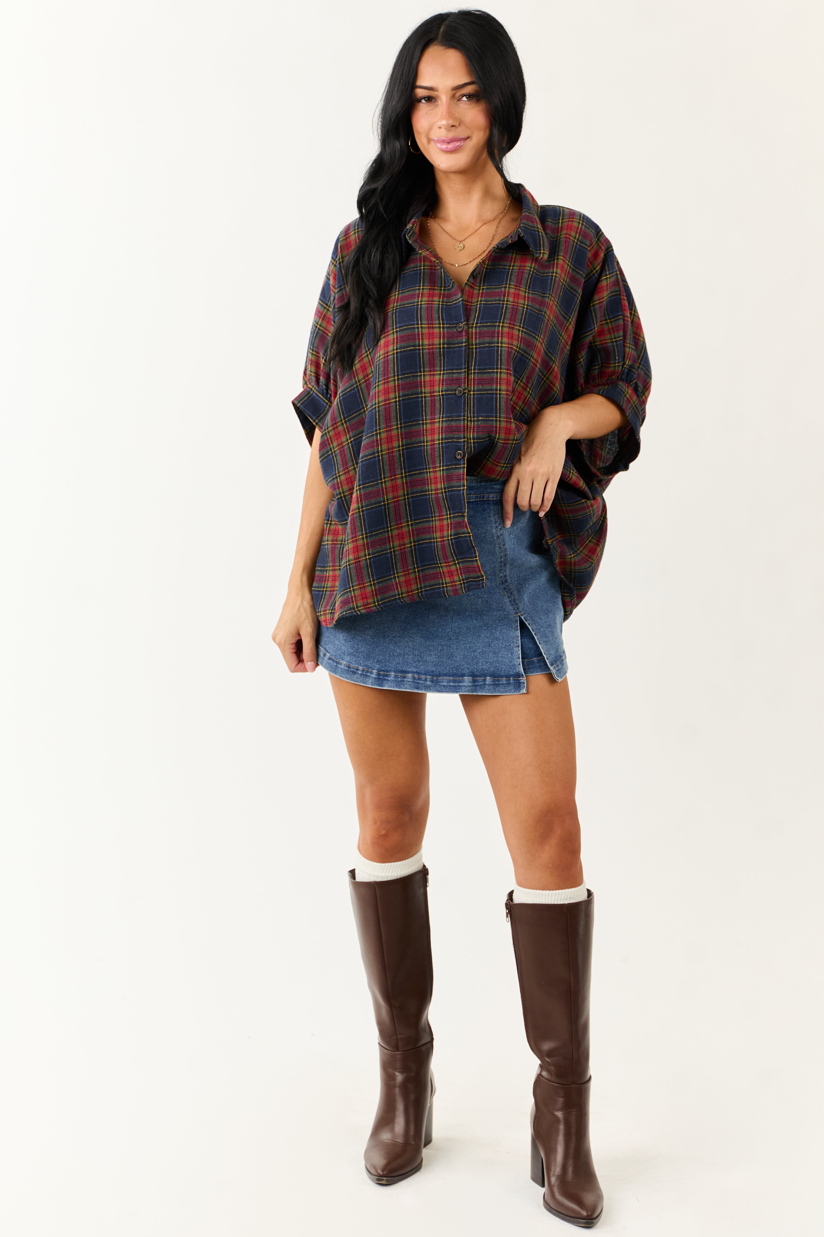 Navy Blue Plaid Button Up Dolman Sleeve Top