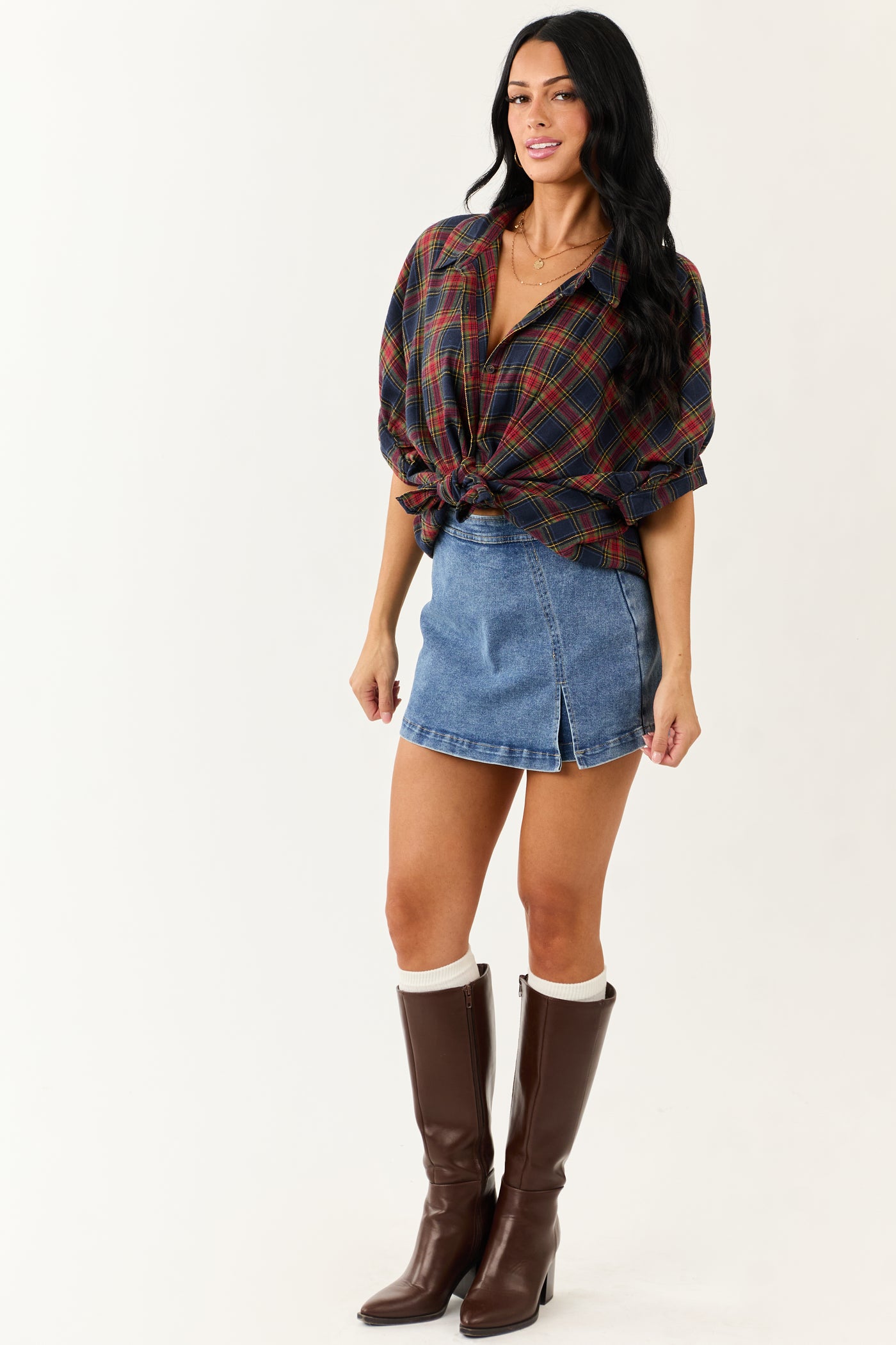 Navy Blue Plaid Button Up Dolman Sleeve Top