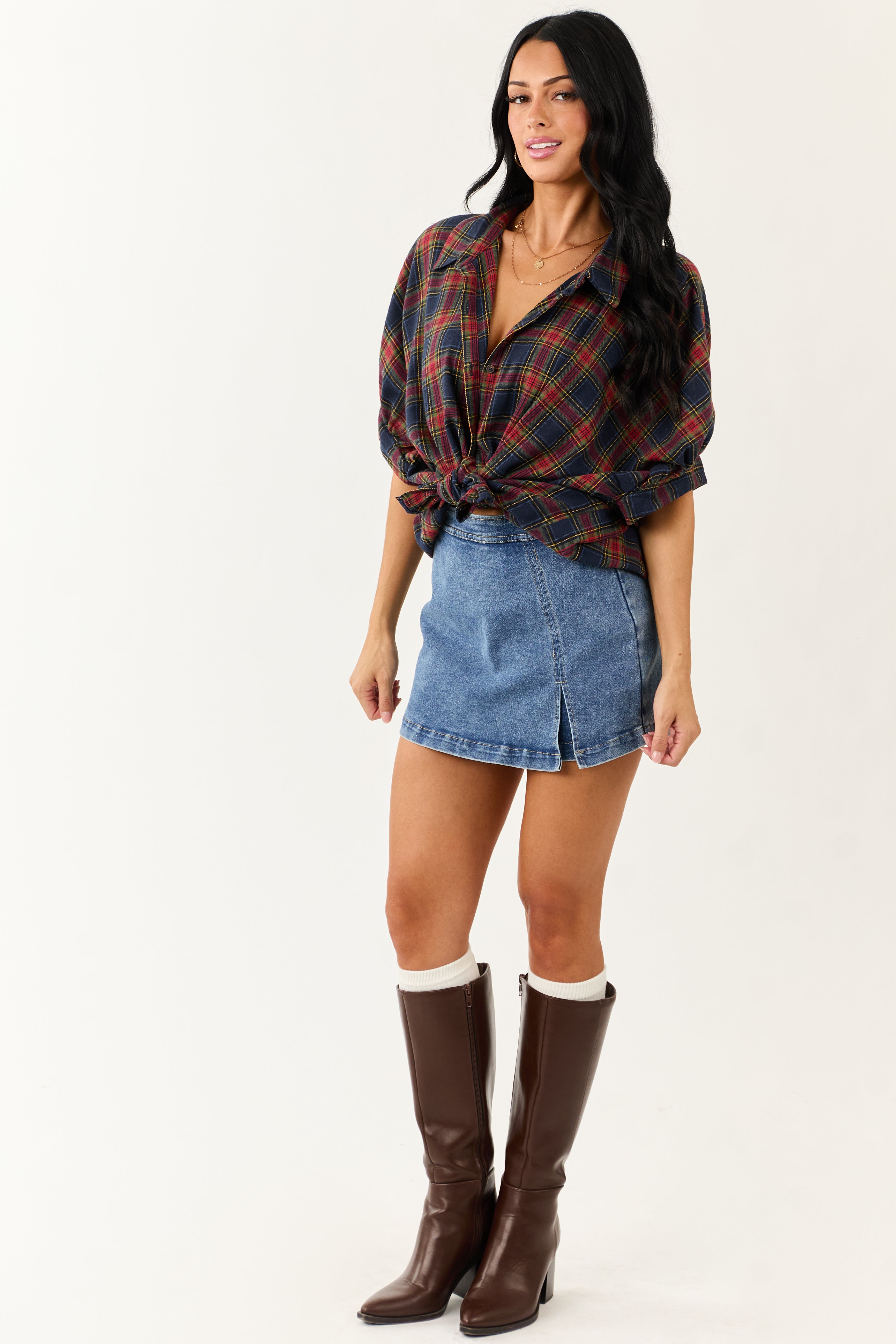 Navy Blue Plaid Button Up Dolman Sleeve Top